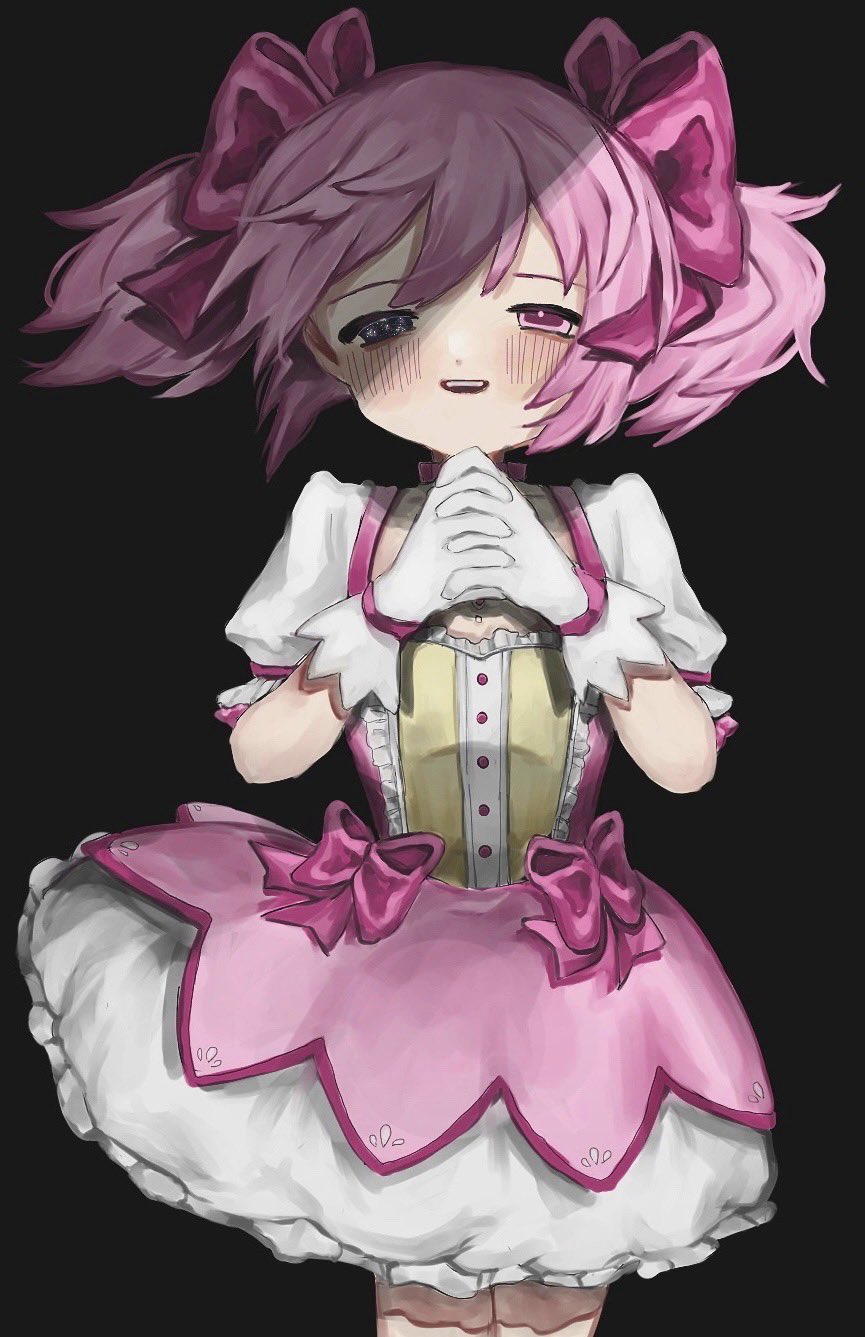 1girl black_background blush bow cowboy_shot dress gloves hair_bow half-closed_eyes highres kaname_madoka looking_at_viewer magical_girl mahou_shoujo_madoka_magica own_hands_clasped own_hands_together parted_lips pink_eyes pink_hair shinsekai_(z_o10) short_sleeves short_twintails simple_background smile solo twintails