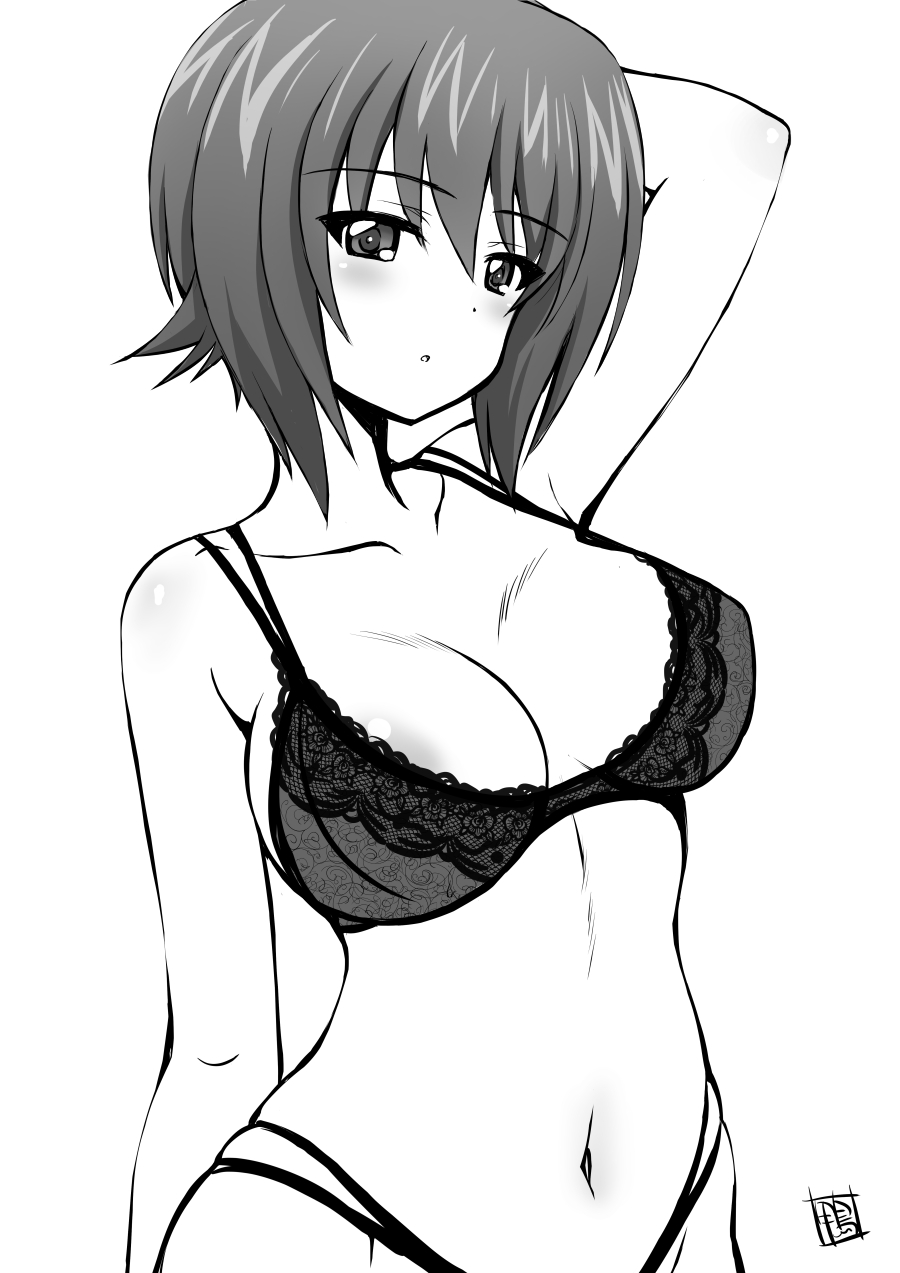 1girl arm_up bob_cut bra breasts expressionless girls_und_panzer highres kamogawa_tanuki lingerie looking_at_viewer monochrome nishizumi_maho panties short_hair sketch solo stomach underwear