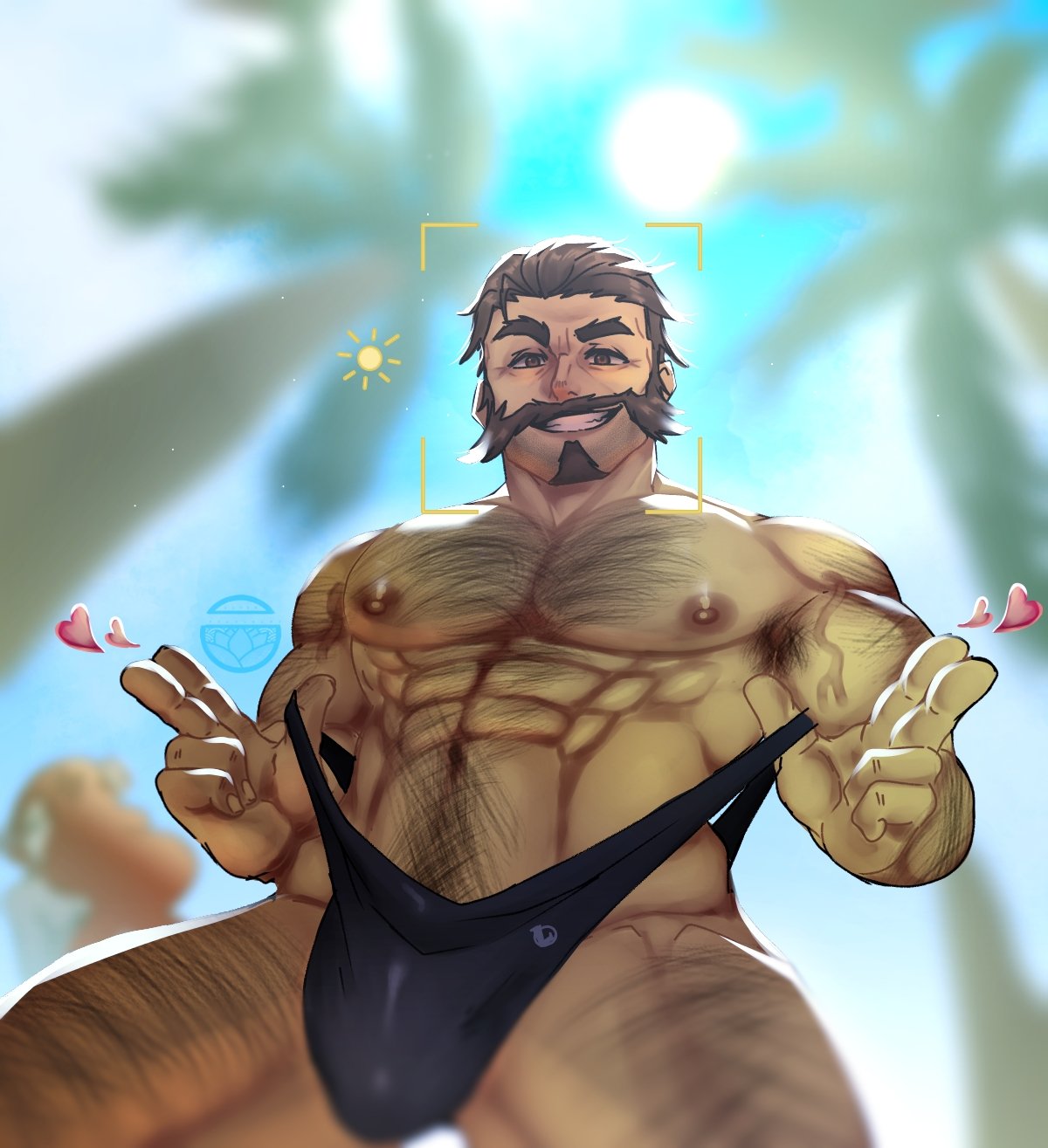 1boy abs armpit_hair armpit_hair_peek bara black_male_swimwear bulge chest_hair facial_hair from_below graves_(league_of_legends) hair_slicked_back hairy heart highres large_pectorals league_of_legends looking_at_viewer male_focus male_swimwear male_swimwear_lift mature_male muscular muscular_male navel nipples pectorals renishi9 seductive_smile short_hair smile solo standing stomach swim_briefs thick_arm_hair thick_chest_hair thick_eyebrows thick_leg_hair thick_navel_hair thick_thighs thighs topless_male very_hairy viewfinder