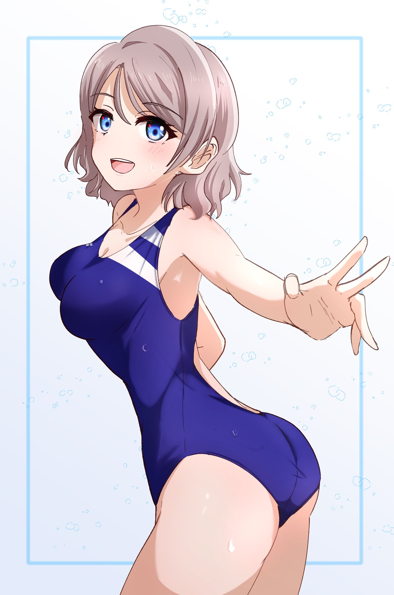 1girl ass blue_eyes blue_one-piece_swimsuit blush breasts brown_hair collarbone competition_swimsuit cowboy_shot gradient_background grey_hair highres looking_at_viewer love_live! love_live!_sunshine!! medium_breasts one-piece_swimsuit open_mouth short_hair smile solo swimsuit watanabe_you white_background yunite68