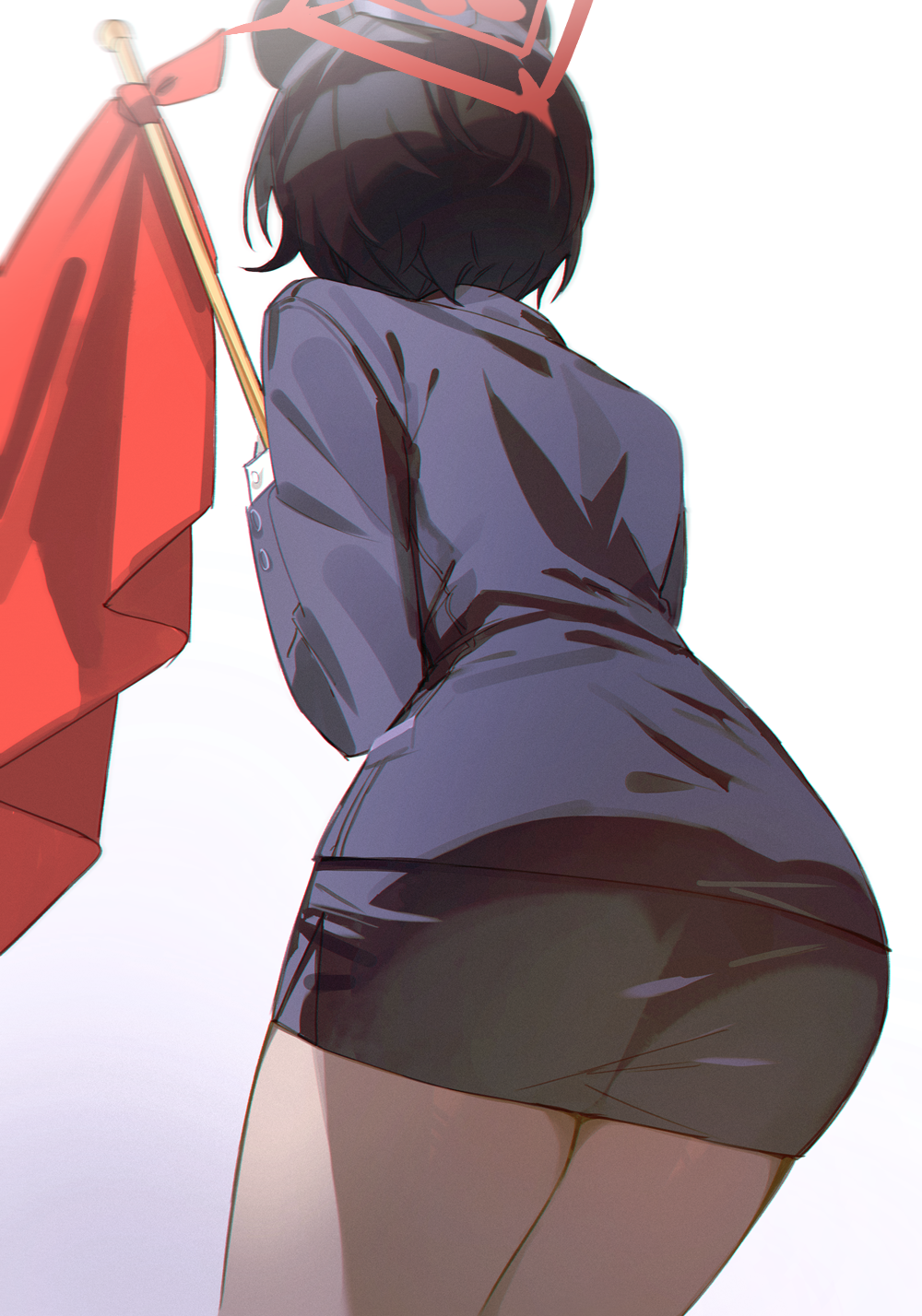 1girl animal_ears ass black_hair black_hat black_pantyhose blue_archive flag from_behind garrison_cap halo hat highres holding holding_flag jenshenya official_alternate_costume pantyhose raccoon_ears raccoon_girl red_flag red_halo short_hair suit tour_guide tsubaki_(blue_archive) tsubaki_(guide)_(blue_archive) white_background