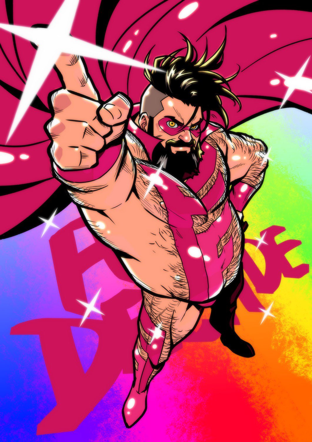 1boy arm_up bara beard belly blanket boots bulge_peek cape eye_mask facial_hair floating_cape from_above full_beard full_body hairy highres index_finger_raised isahappyfield large_pectorals lgbt_pride looking_at_viewer male_focus mature_male muscular muscular_male nipple_slip nipples original pectorals pink_cape plump rainbow_background revealing_clothes short_hair sidepec solo sparkle_background standing strongman_waist superhero_costume thick_arm_hair thick_back_hair thick_beard thick_chest_hair thick_eyebrows thick_leg_hair thick_navel_hair thigh_boots undercut v-shaped_eyebrows very_hairy yellow_eyes