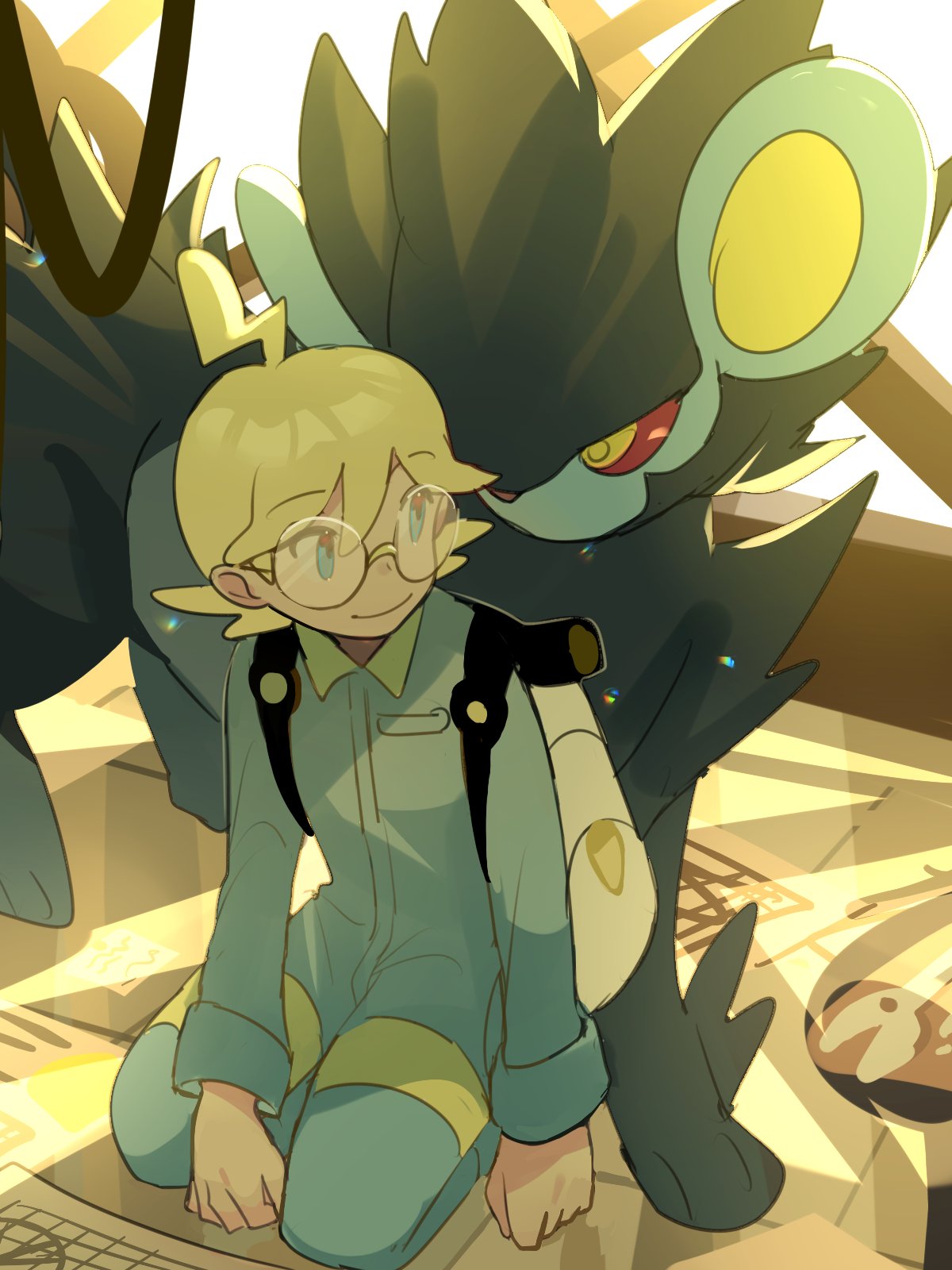 1boy ahoge backpack bag blonde_hair blue_eyes blue_jumpsuit clemont_(pokemon) closed_mouth commentary_request glasses highres jumpsuit long_sleeves luxray male_focus pokemon pokemon_(creature) pokemon_xy round_eyewear sitting smile suikaels white_bag