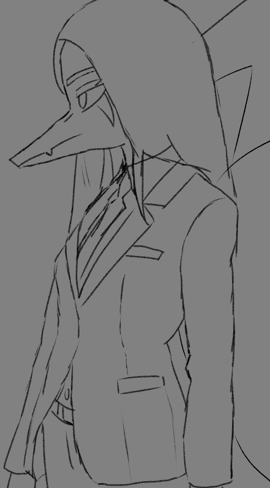 2024 alternate_costume anthro black_and_white business_suit clothing dinosaur fang_(gvh) female goodbye_volcano_high hair long_hair monochrome pterodactylus pterosaur reptile scalie side_view sketch snout solo suit unknown_artist wings