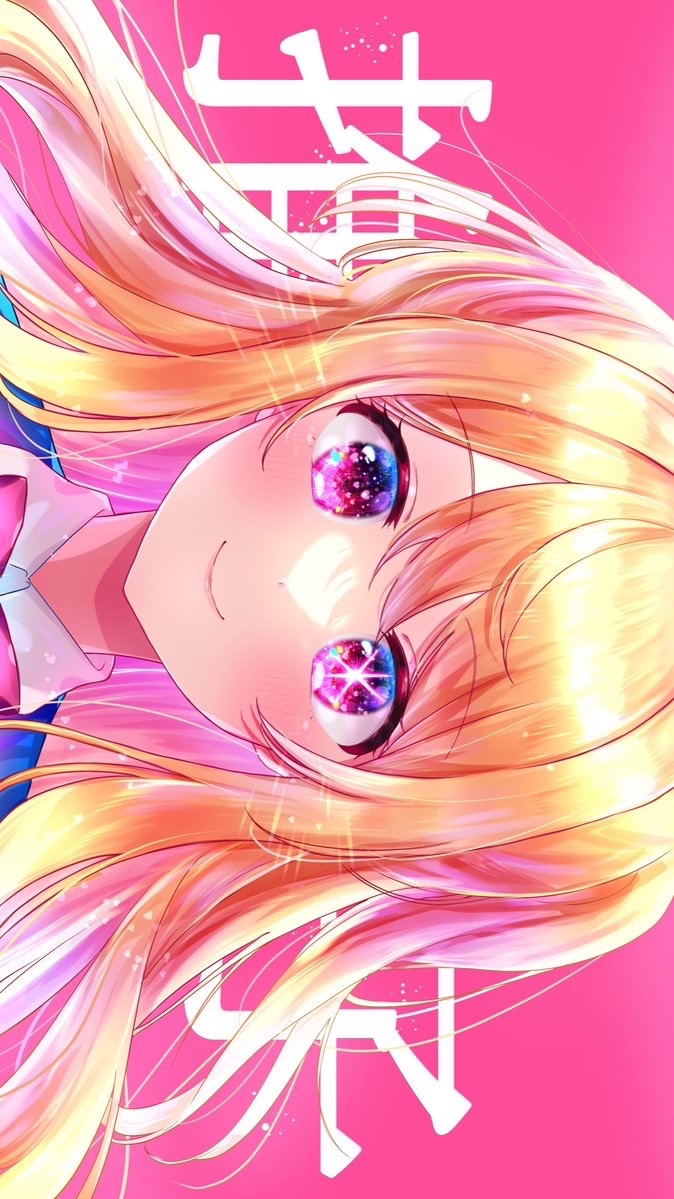 1girl blonde_hair blush bow bowtie closed_mouth collared_shirt commentary copyright_name floating_hair hashtag-only_commentary hoshino_ruby light_particles long_hair looking_at_viewer meu203 mismatched_pupils no_pupils oshi_no_ko pink_background pink_bow pink_bowtie pink_eyes portrait shirt sidelocks sideways smile solo star-shaped_pupils star_(symbol) symbol-shaped_pupils white_shirt