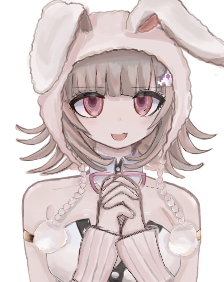 :d animal_ears animal_hood bare_shoulders black_leotard blunt_bangs breasts brown_hair danganronpa_(series) danganronpa_2:_goodbye_despair detached_collar fake_animal_ears galaga hair_ornament hood interlocked_fingers large_breasts leotard medium_hair nanami_chiaki neck_ribbon open_mouth own_hands_together pink_eyes pink_ribbon playboy_bunny rabbit_ears rabbit_hood ribbon smile two-tone_leotard white_leotard yu_(12y18)