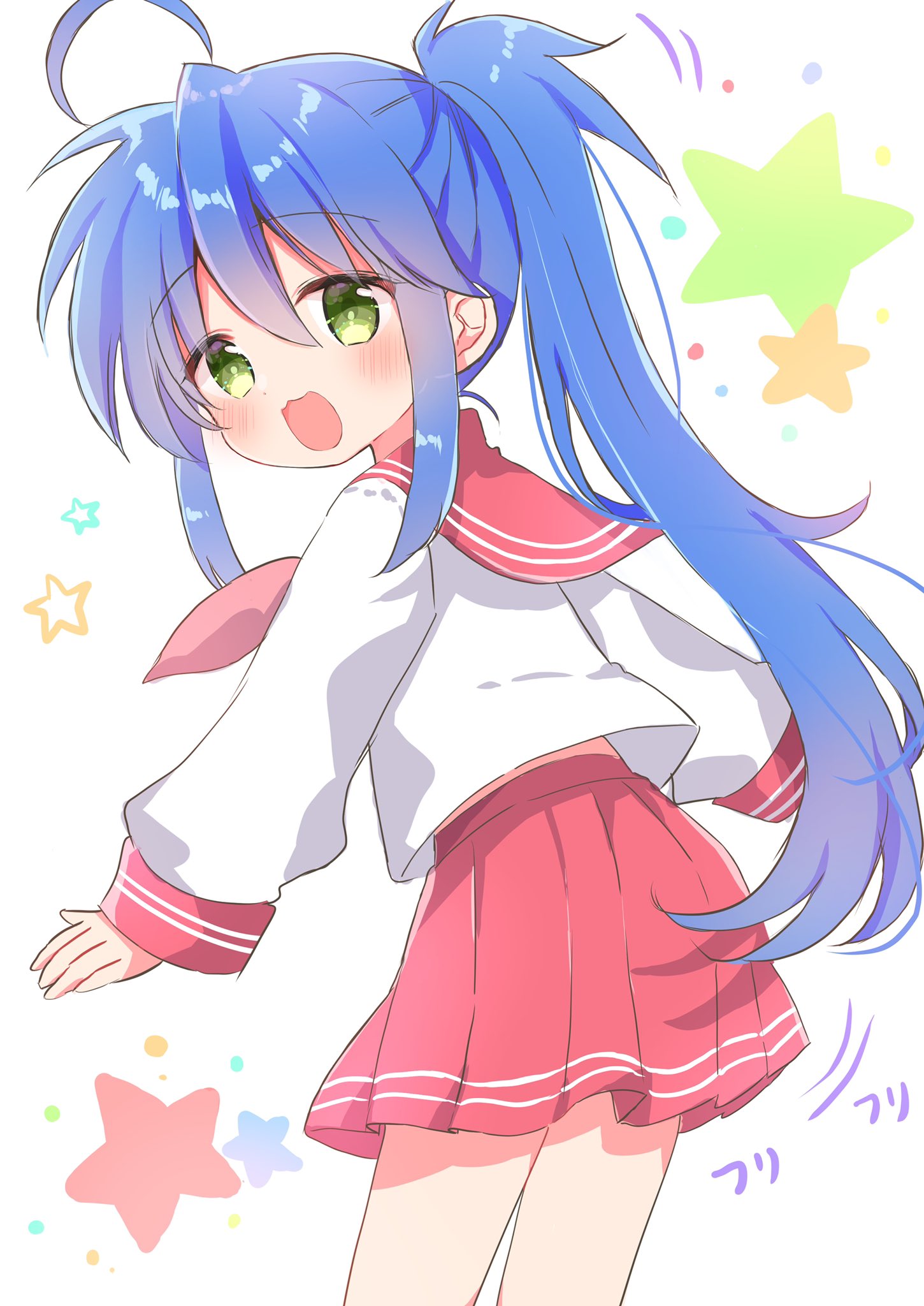 1girl :3 :d ahoge alternate_hairstyle blue_hair blush bright_pupils collared_shirt commentary_request from_behind green_eyes hair_between_eyes happy highres izumi_konata long_hair long_sleeves looking_at_viewer looking_back lucky_star miniskirt motion_lines nanami_ayane_(kusunoki5050) open_mouth outstretched_arms pleated_skirt ponytail red_sailor_collar red_skirt sailor_collar school_uniform serafuku shirt sidelocks simple_background skirt smile solo sound_effects spiked_hair star_(symbol) very_long_hair white_background white_shirt