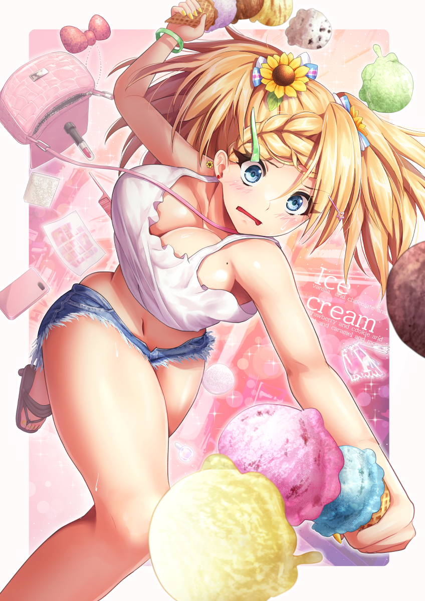 1girl bag bare_arms bare_legs bare_shoulders blonde_hair blue_eyes bow bracelet braid breasts cellphone cleavage comb commentary_request cosmetics crop_top cutoffs earrings flower food foot_out_of_frame gyaru hair_bow hair_flower hair_ornament hairclip handbag heart heart_earrings highres holding holding_food holding_ice_cream ice_cream ice_cream_cone ice_cream_scoop jewelry large_breasts lipstick_tube midriff mole mole_on_breast naru_din navel open_mouth original phone pink_bag red_bow sandals short_shorts shorts smartphone smartphone_case solo sparkle sunflower tank_top thighs wavy_mouth wide-eyed yellow_flower yellow_nails