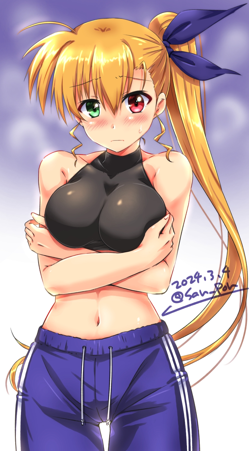 1girl artist_name bare_shoulders blonde_hair blue_pants blush breast_hold breasts closed_mouth dated gym_pants hair_ribbon heterochromia highres large_breasts long_hair looking_at_viewer lyrical_nanoha mahou_shoujo_lyrical_nanoha_strikers mahou_shoujo_lyrical_nanoha_vivid midriff navel pants ponytail ribbon san-pon side_ponytail signature simple_background solo sweat vivio