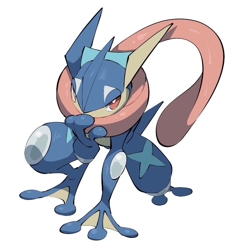 blue_skin colored_skin cross_scar frog greninja long_tongue looking_at_viewer pokemon pokemon_(creature) red_eyes scar simple_background solo tongue white_background yumeminoideyu2