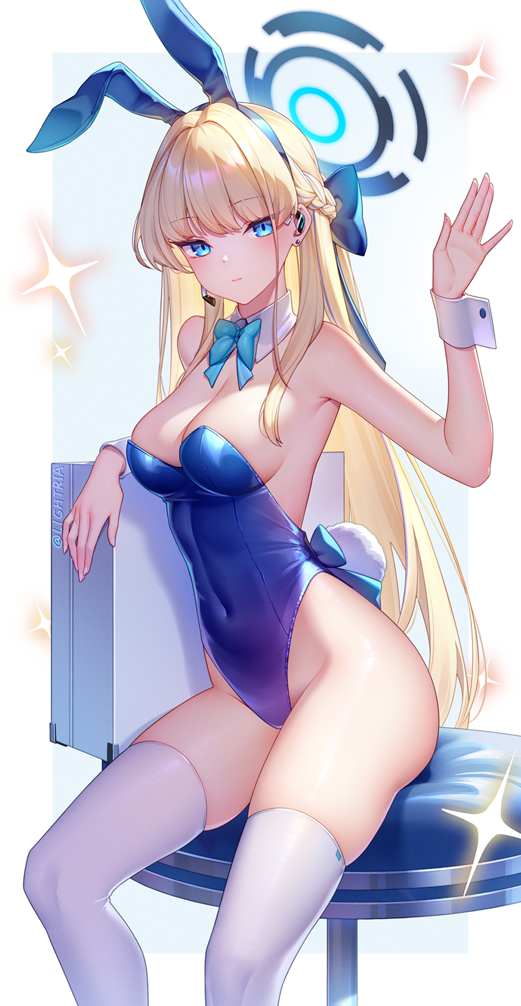 1girl animal_ears bare_arms bare_shoulders blonde_hair blue_archive blue_bow blue_bowtie blue_eyes blue_hairband blue_leotard bow bowtie breasts commentary_request detached_collar earrings fake_animal_ears feet_out_of_frame groin hairband hand_up highres jewelry leotard lightria long_hair looking_at_viewer medium_breasts playboy_bunny sitting solo strapless strapless_leotard thighhighs thighs toki_(blue_archive) very_long_hair white_thighhighs wrist_cuffs