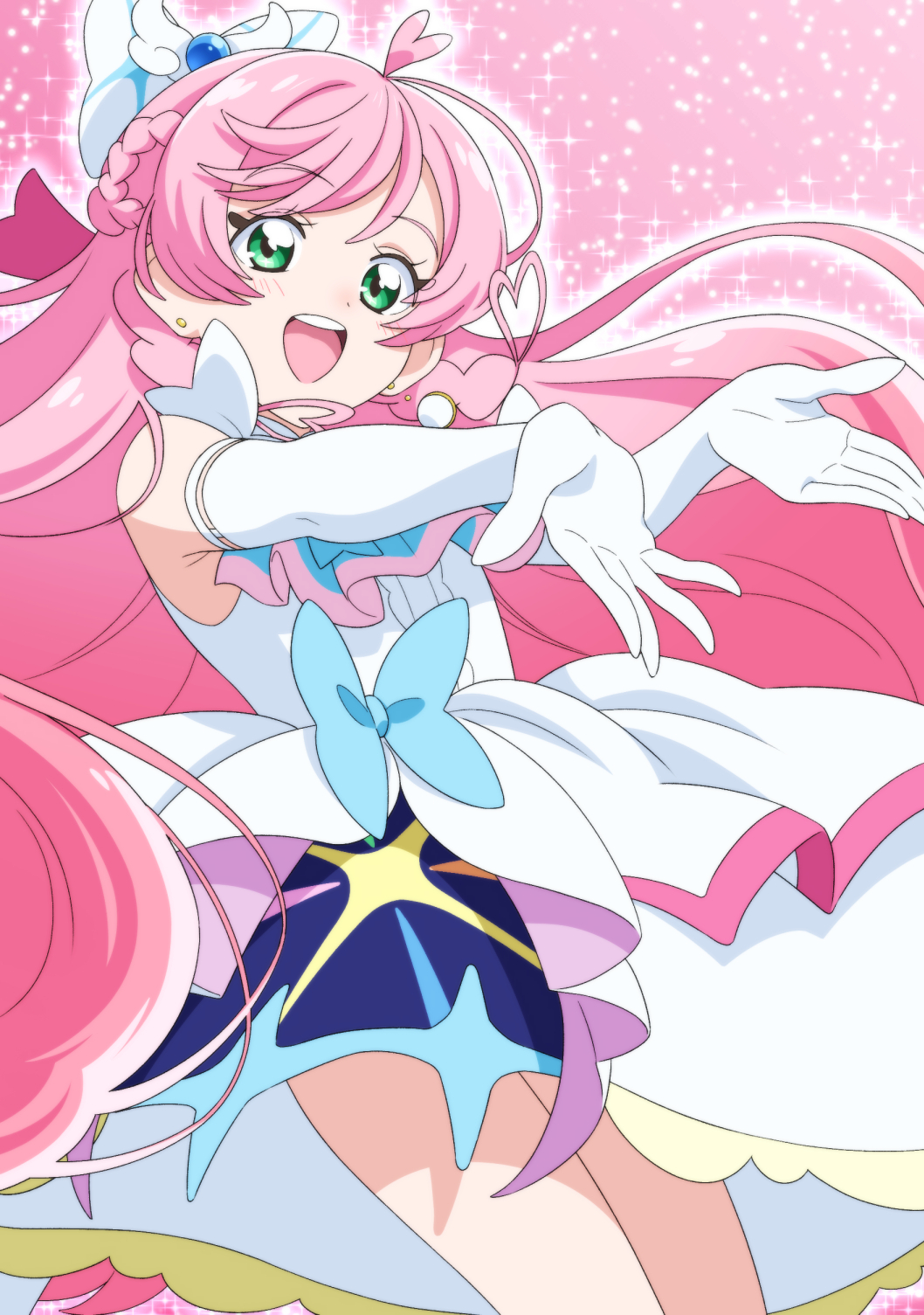 1girl ascot bow braided_sidelock cowboy_shot cure_prism dokushibuki dress earrings elbow_gloves glove_bow gloves gradient_background green_eyes hair_bow highres hirogaru_sky!_precure jewelry long_hair looking_at_viewer magical_girl medium_dress nijigaoka_mashiro open_mouth pink_background pink_hair precure smile solo very_long_hair white_ascot white_bow white_dress white_gloves wing_hair_ornament