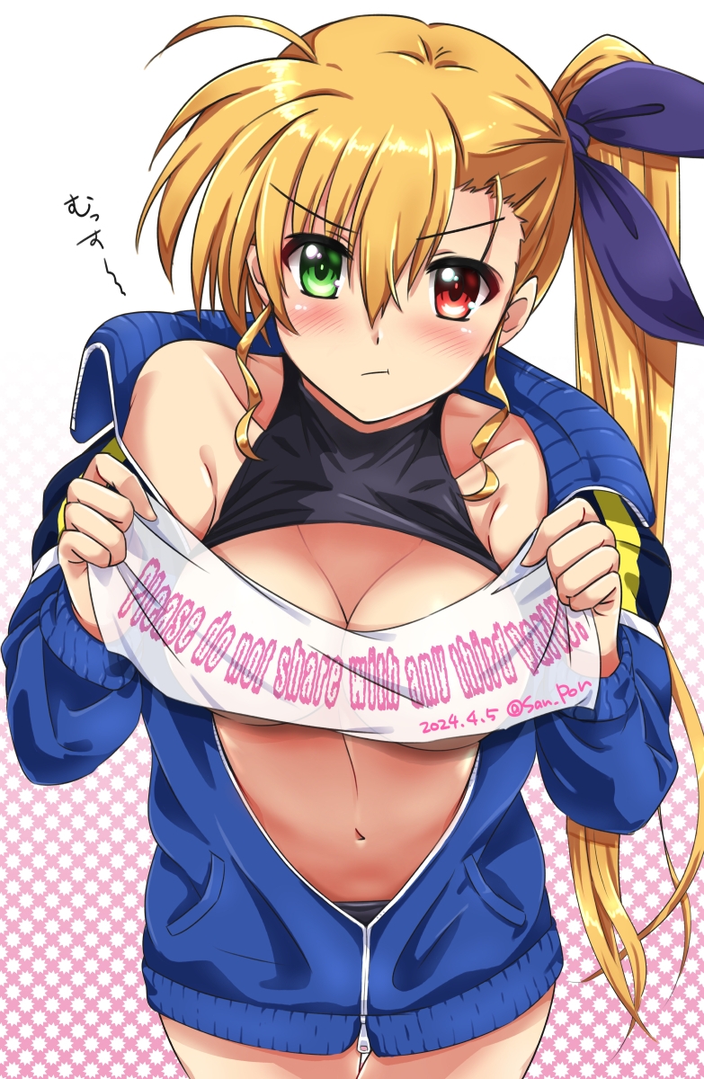 1girl bare_shoulders black_panties black_shirt blonde_hair blue_track_suit blush breasts breasts_out closed_mouth clothes_lift hair_ribbon heterochromia highres jacket large_breasts long_hair looking_at_viewer lyrical_nanoha mahou_shoujo_lyrical_nanoha_strikers mahou_shoujo_lyrical_nanoha_vivid navel no_bra open_clothes open_jacket panties ponytail pout ribbon san-pon shirt shirt_lift side_ponytail simple_background solo track_jacket underwear vivio