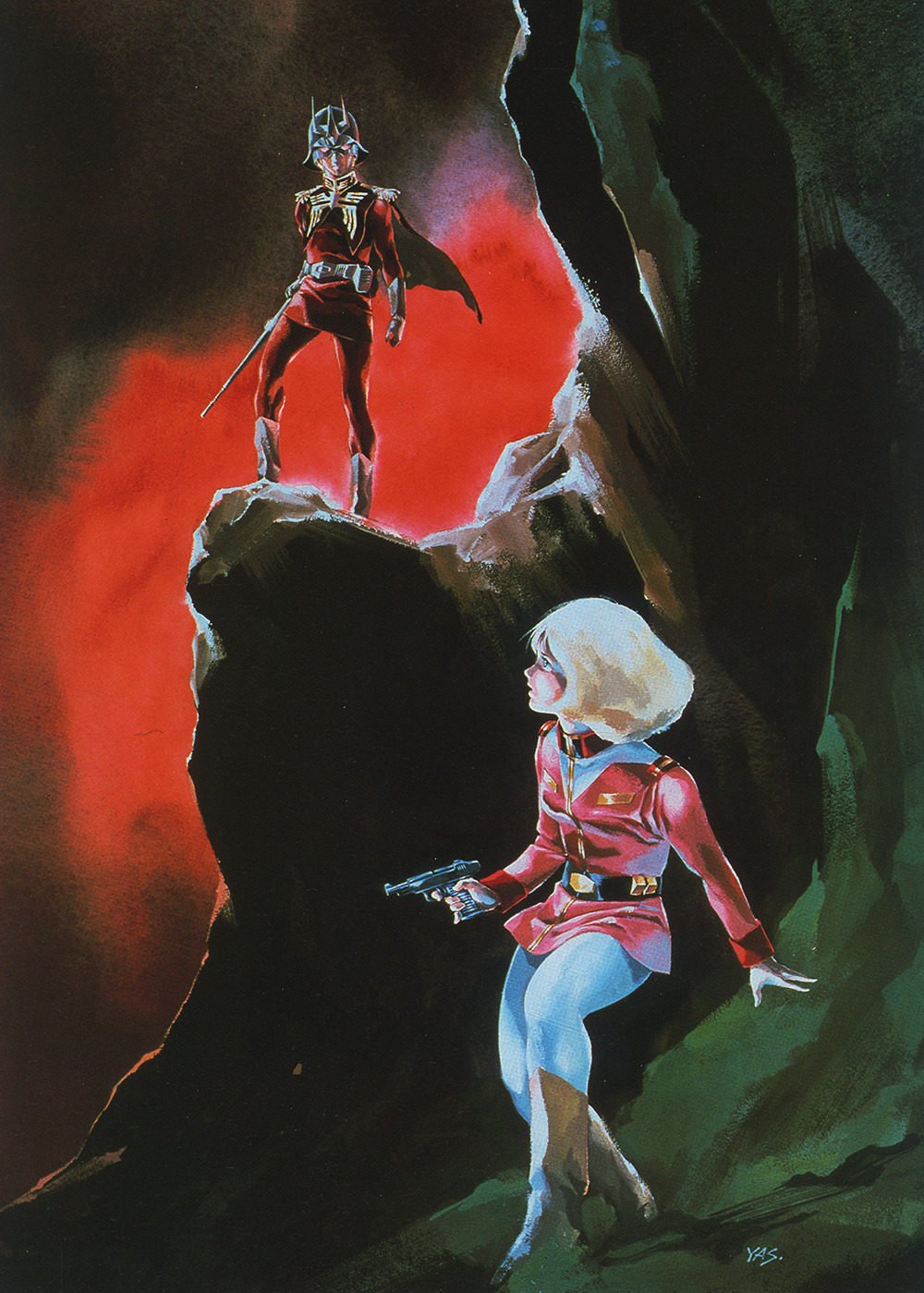 1970s_(style) 1980s_(style) 1boy 1girl ambush belt blonde_hair boots cavern char_aznable earth_federation eye_mask gun gundam handgun helmet highres military military_uniform mobile_suit_gundam official_art painting_(medium) production_art promotional_art retro_artstyle sayla_mass scan science_fiction siblings signature spoilers traditional_media uniform weapon yasuhiko_yoshikazu zeon