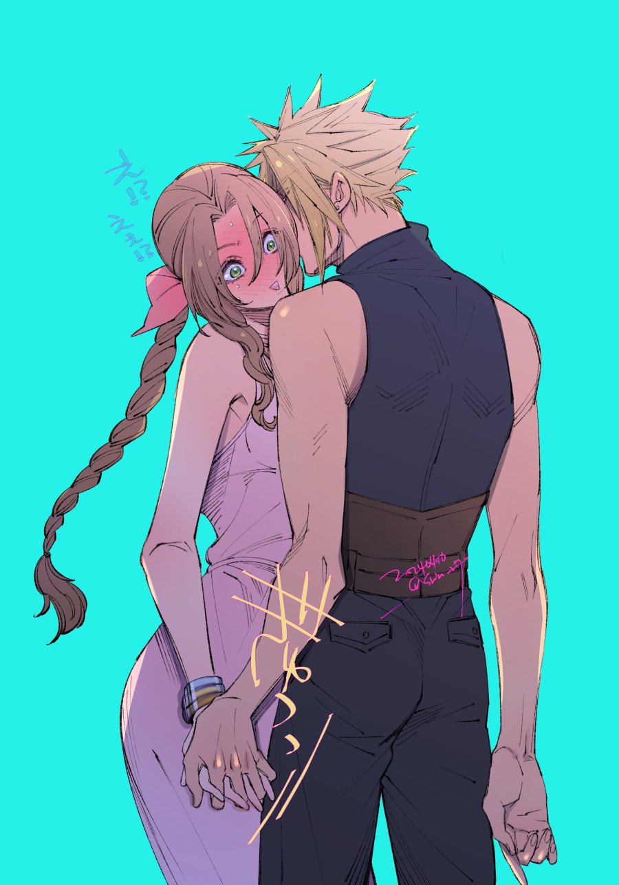 1boy 1girl aerith_gainsborough aqua_background bangle bare_shoulders belt blonde_hair blue_pants blue_shirt blush bracelet braid braided_ponytail brown_belt brown_hair cloud_strife couple cowboy_shot dress earrings final_fantasy final_fantasy_vii final_fantasy_vii_rebirth final_fantasy_vii_remake green_eyes hair_ribbon hetero highres holding_hands interlocked_fingers jewelry long_dress long_hair multiple_belts pants parted_bangs parted_lips pink_dress pink_ribbon ribbon shirt short_hair sidelocks single_braid single_earring sleeveless sleeveless_dress sleeveless_turtleneck spiked_hair sweat turtleneck wakakusa-e wavy_hair wide-eyed