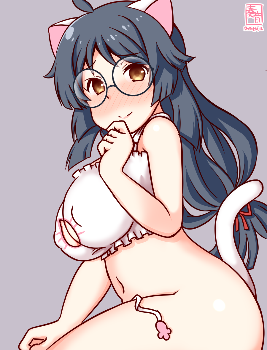 1girl alternate_costume animal_ears artist_logo black_hair blush bra breasts cat_cutout cat_ears cat_lingerie cleavage_cutout clothing_cutout cow_tail dated frilled_bra frills glasses grey_background hair_ribbon heian_maru_(kancolle) implied_tail_plug kanon_(kurogane_knights) kantai_collection large_breasts long_hair looking_at_viewer meme_attire no_panties one-hour_drawing_challenge ribbon round_eyewear smile solo tail twintails underwear very_long_hair