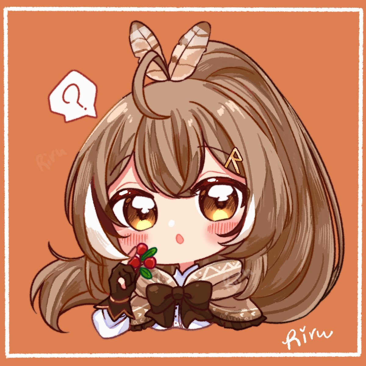 1girl :o ? ahoge berry brown_capelet brown_cloak capelet chibi cloak crossed_bangs double-parted_bangs feather_hair_ornament feathers food fruit gloves hair_ornament hairclip highres holding holding_food holding_fruit hololive hololive_english long_hair looking_at_viewer nanashi_mumei nanashi_mumei_(1st_costume) orange_background partially_fingerless_gloves ponytail ribbon rirumato shirt upper_body very_long_hair virtual_youtuber white_shirt