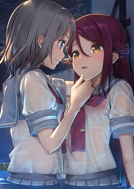 2girls blue_bra blue_eyes blush bra bra_visible_through_clothes commentary_request grey_hair hair_ornament hairclip half_updo hand_on_another's_chin long_hair love_live! love_live!_sunshine!! multiple_girls nagareboshi night night_sky pink_bra pool red_hair sakurauchi_riko school_uniform see-through short_hair sky underwear upper_body uranohoshi_school_uniform watanabe_you wet wet_clothes yellow_eyes yuri