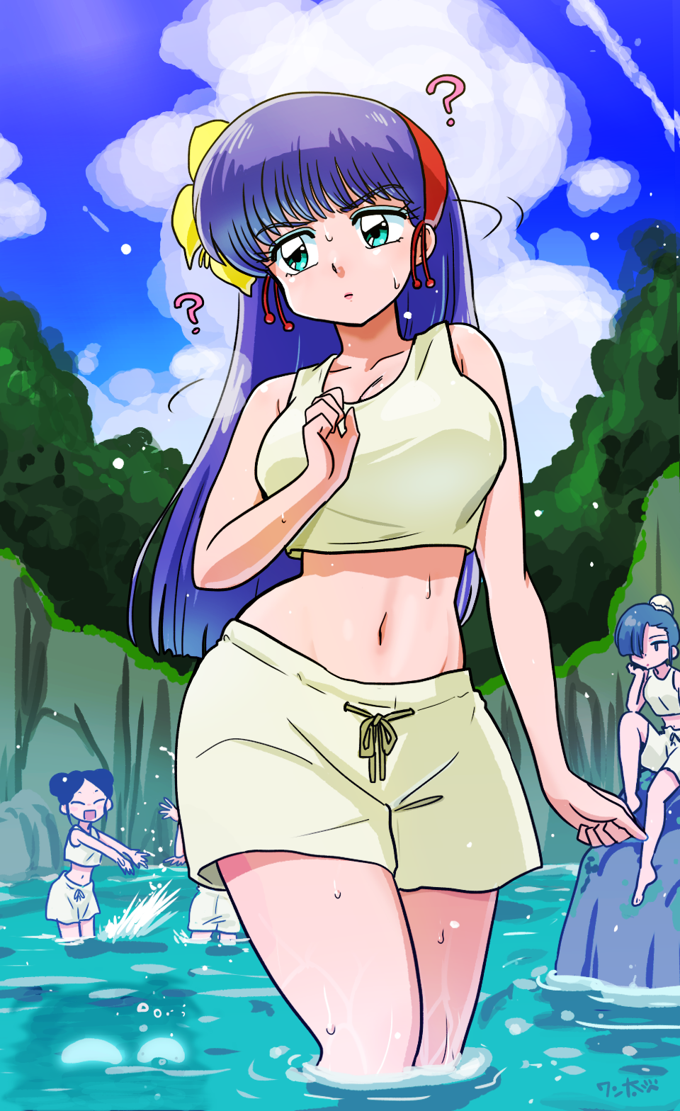 1990s_(style) 4girls ? aged_down arm_across_chest arm_at_side bathing blue_eyes blue_sky breasts caution cloud cologne_(ranma_1/2) flashback forest hairband highres large_breasts looking_around looking_to_the_side multiple_girls nature navel onsen outdoors purple_hair ranma_1/2 red_hairband retro_artstyle ribbon same-sex_bathing shared_bathing shirt shorts signature sky splashing underwear wanta_(futoshi) water wide_hips yellow_ribbon yellow_shirt yellow_shorts