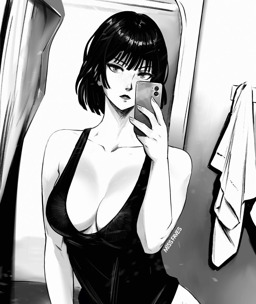 1girl artist_name bare_shoulders black_tank_top breasts cowboy_shot fubuki_(one-punch_man) holding holding_phone large_breasts looking_at_mirror mirror mirror_selfie miss_faves monochrome one-punch_man phone selfie shower_curtain solo tank_top towel