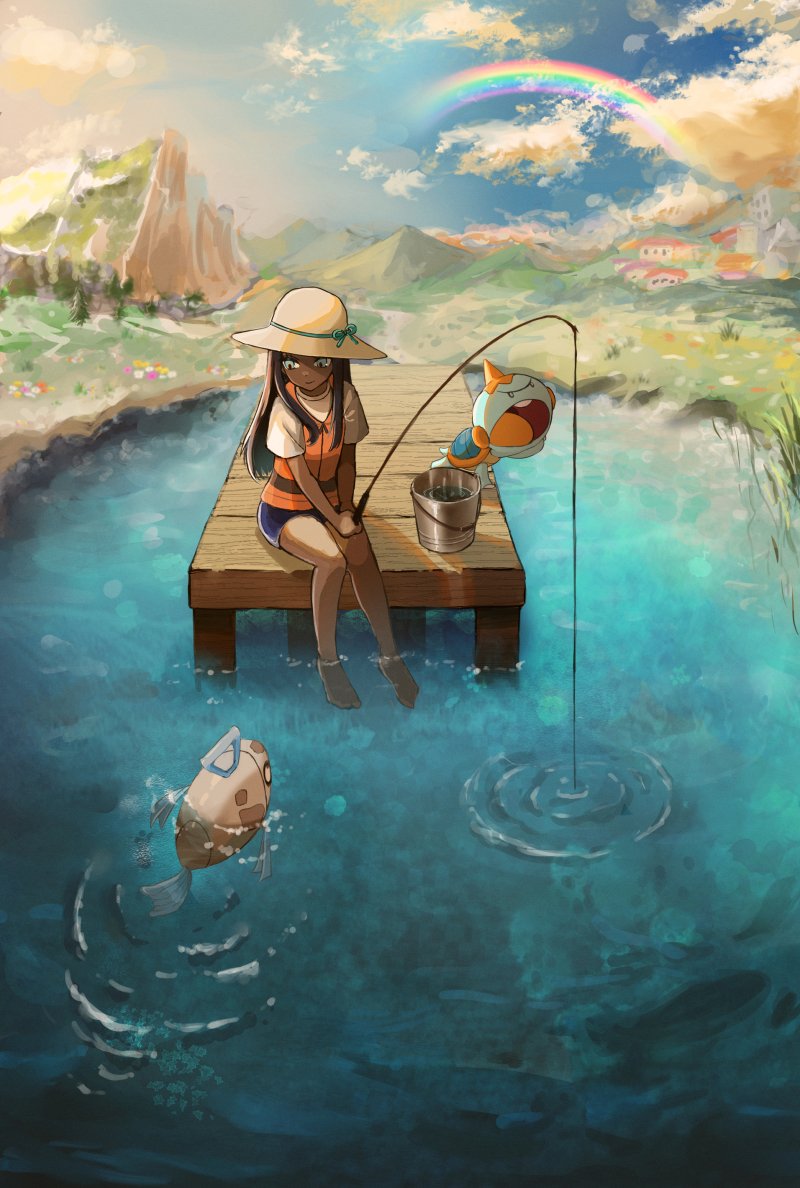 1girl barefoot black_hair bucket chewtle closed_mouth cloud commentary_request dark-skinned_female dark_skin day feebas fishing_rod hat holding holding_fishing_rod long_hair looking_down nessa_(pokemon) orange_vest outdoors pokemon pokemon:_twilight_wings pokemon_(creature) rainbow ripples setta_shu shirt short_sleeves sitting sky vest water