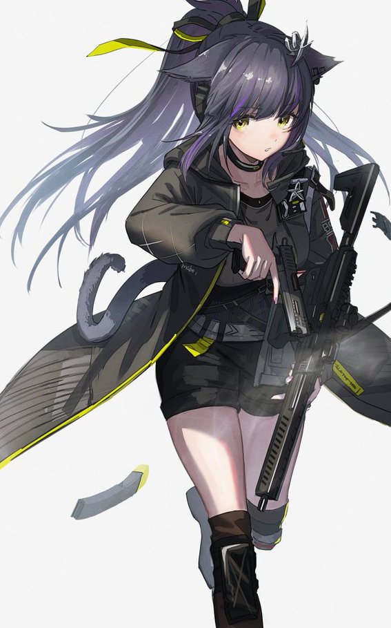 1girl animal_ears arknights black_coat black_hair black_pants black_shirt black_tail boots cat_ears cat_girl cat_tail coat collarbone grab_pigeon gun handgun holding holding_gun holding_weapon long_hair magazine_(weapon) microphone open_clothes open_coat pants ponytail rifle shirt shorts tail thighhighs thighhighs_under_boots weapon yellow_eyes