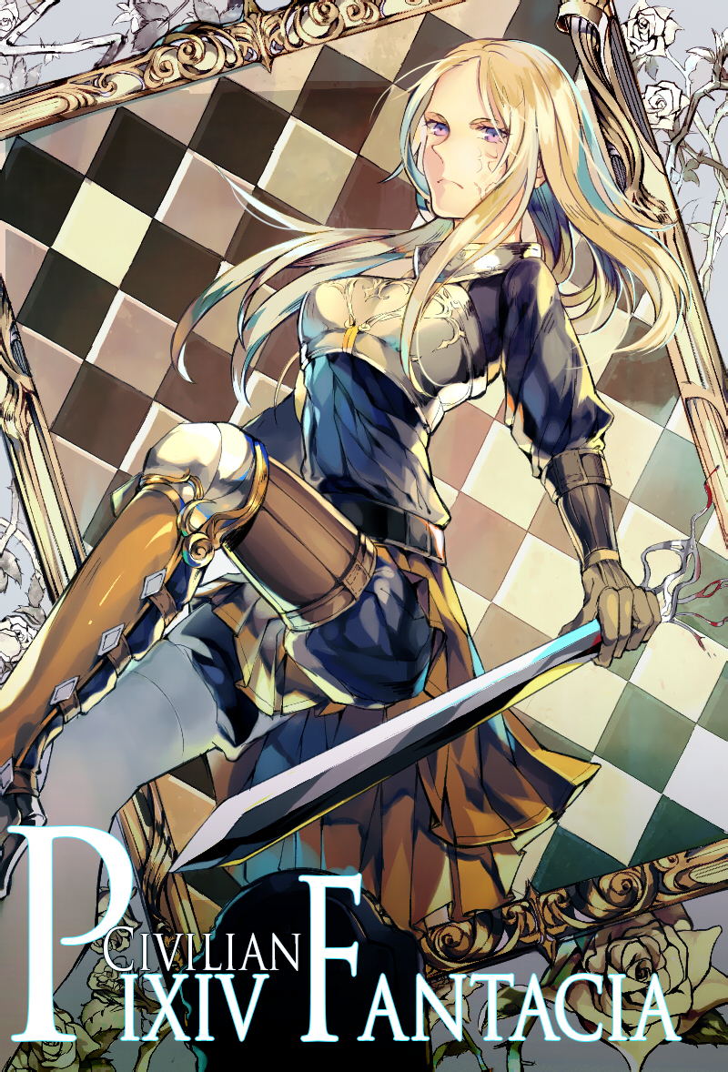 1girl blonde_hair boots character_name character_request check_character civilian_(pffk) copyright_name flowerbirdmkt_(earmuffs) gloves holding holding_sword holding_weapon knee_pads pixiv_fantasia pixiv_fantasia_fallen_kings purple_eyes scar solo sword weapon