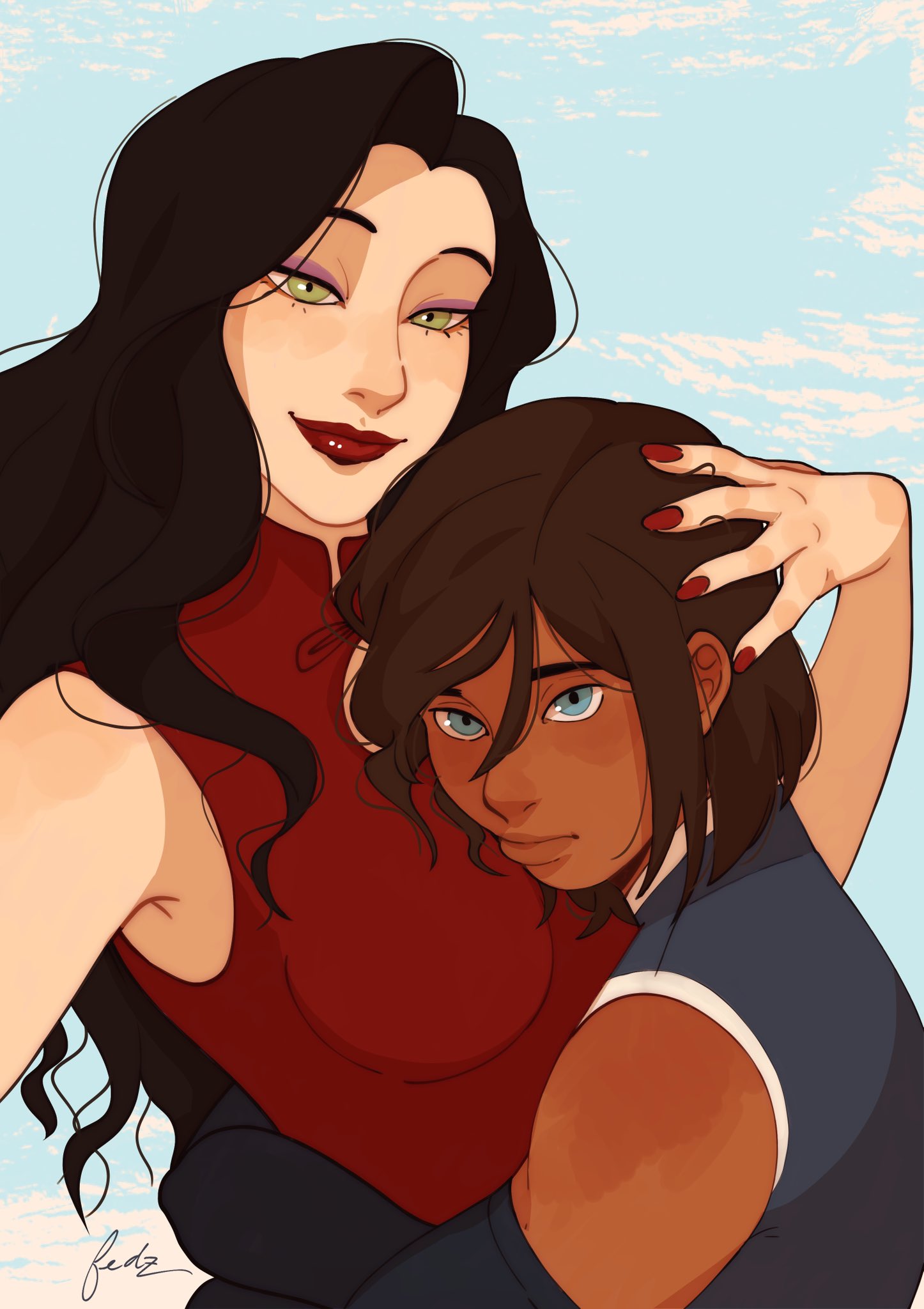 2girls asami_sato avatar_legends black_hair blue_eyes breasts brown_hair couple dark-skinned_female dark_skin eyeshadow fedzz_z green_eyes hand_on_another's_head highres hug korra looking_at_viewer makeup multiple_girls purple_eyeshadow red_lips red_nails short_hair sleeveless the_legend_of_korra upper_body wavy_hair yuri