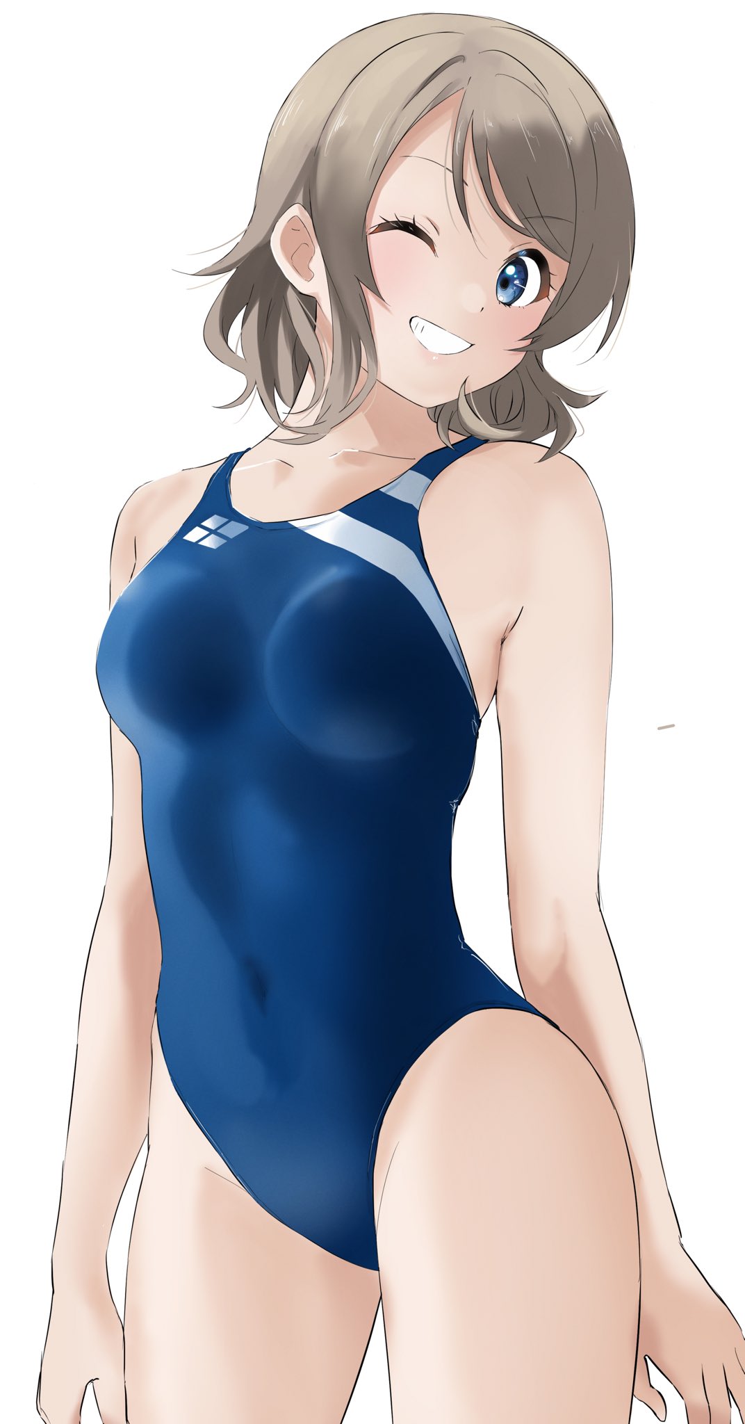 1girl blue_eyes blush breasts brown_hair competition_swimsuit hanamaruyama628 highres looking_at_viewer love_live! love_live!_sunshine!! one-piece_swimsuit one_eye_closed short_hair simple_background smile solo swimsuit thighs watanabe_you wavy_hair white_background