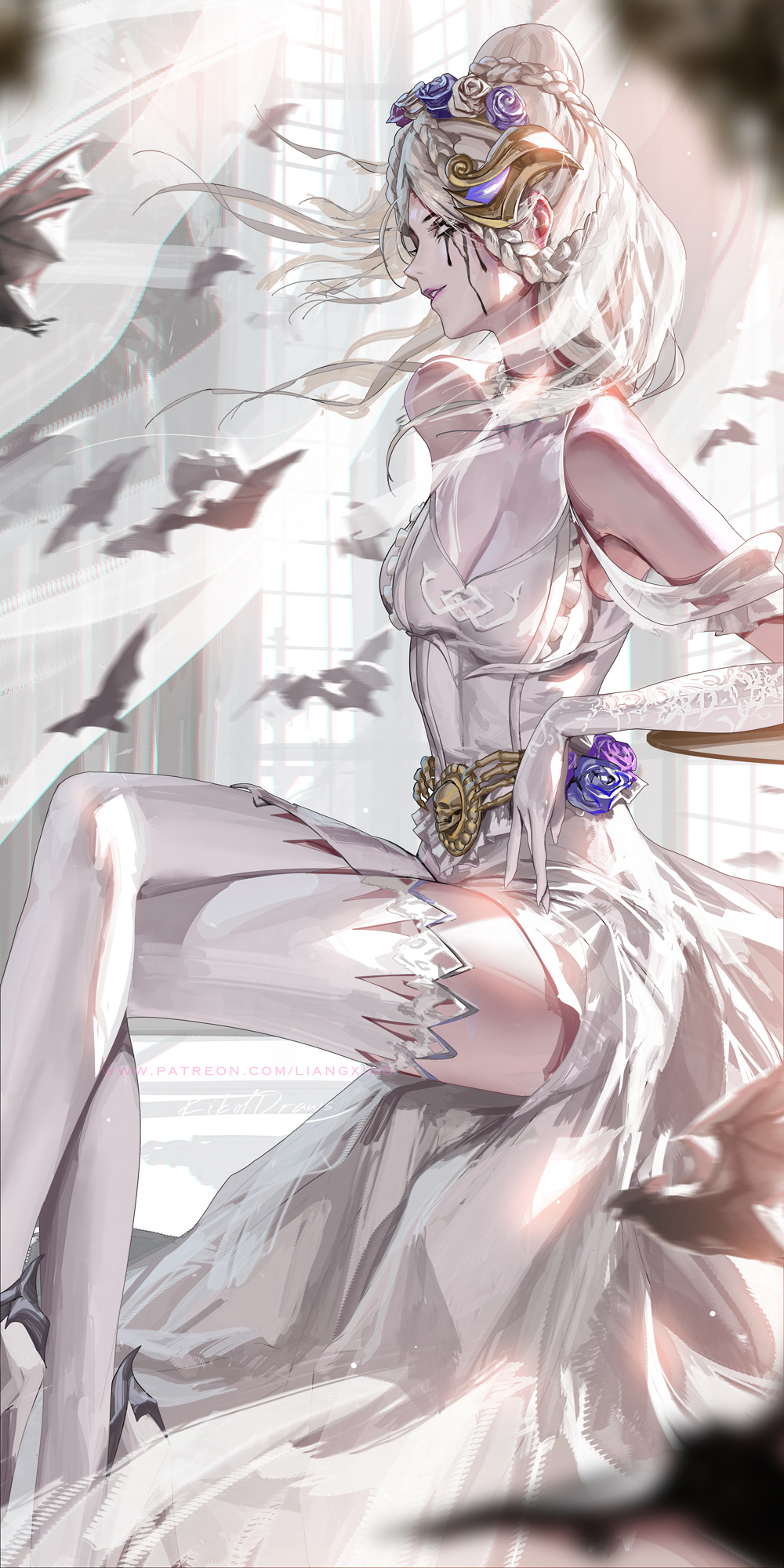 1girl bat_(animal) black_tears breasts bride crossed_legs dress flower ghost_bride_widowmaker gloves grey_eyes hair_ornament highres liang_xing long_hair looking_at_viewer makeup mascara medium_breasts overwatch overwatch_2 purple_flower purple_rose rose runny_makeup sitting sleeveless sleeveless_dress solo thighhighs wedding_dress white_dress white_gloves white_hair white_thighhighs widowmaker_(overwatch) wind