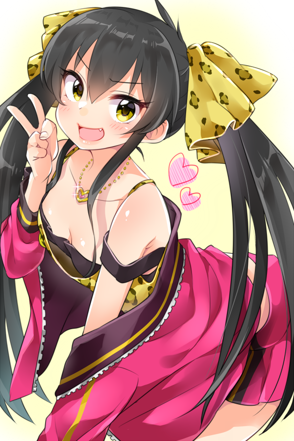 1girl animal_print black_hair blush breasts camisole cleavage fang hair_ribbon heart idolmaster idolmaster_cinderella_girls jacket jewelry leopard_print long_hair looking_at_viewer matoba_risa necklace off_shoulder open_clothes open_jacket open_mouth pink_jacket print_ribbon ribbon small_breasts smile solo trente twintails v yellow_eyes