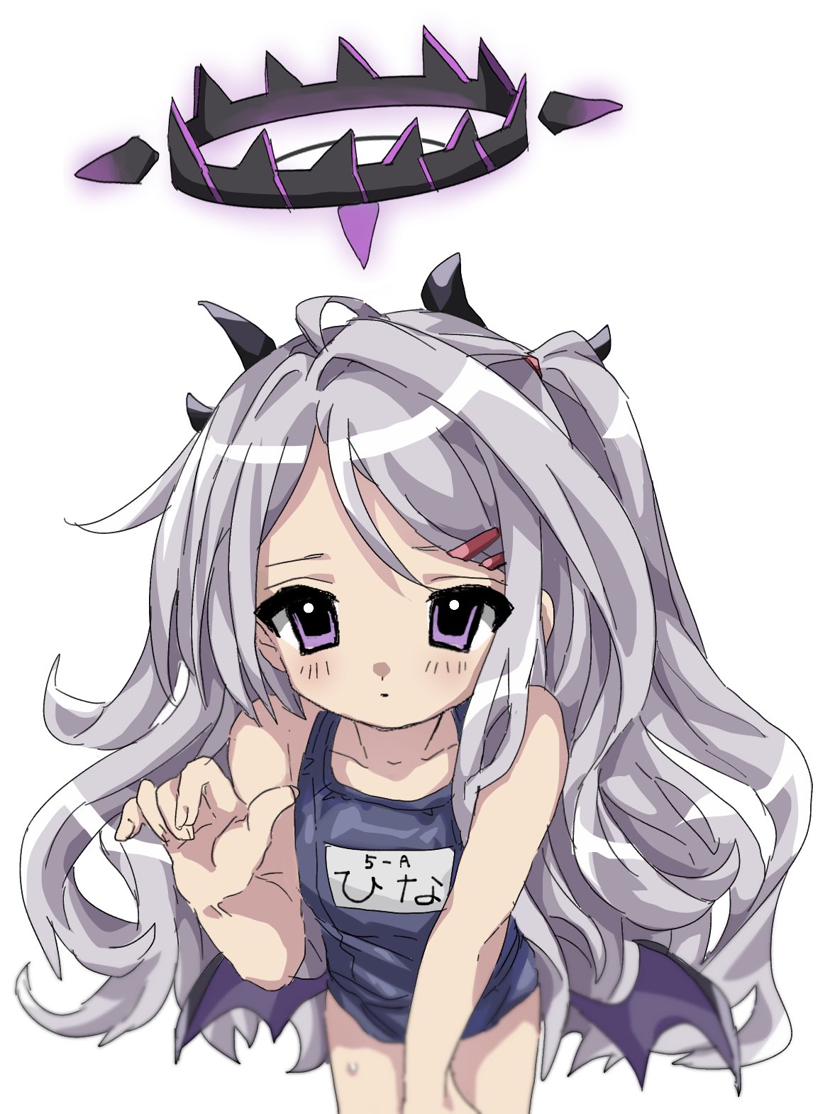 1girl blue_archive demon_wings expressionless flat_chest grey_hair hair_ornament hairclip halo highres hina_(blue_archive) hina_(swimsuit)_(blue_archive) horns long_hair looking_at_viewer low_wings name_tag one-piece_swimsuit purple_eyes school_swimsuit shinsekai_(z_o10) solo swimsuit very_long_hair wings