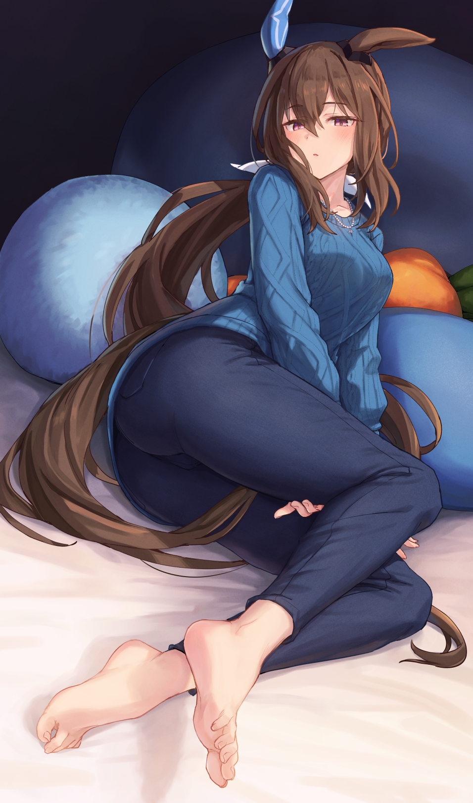 1girl admire_vega_(umamusume) alternate_costume animal_ears ass barefoot blue_pants blue_sweater blush bow brown_hair commentary_request ear_ornament hair_between_eyes hair_bow highres horse_ears horse_girl horse_tail long_sleeves looking_at_viewer low_ponytail lying on_bed on_side open_mouth pants red_eyes solo starheart stuffed_carrot stuffed_toy sweater tail toes umamusume white_bow