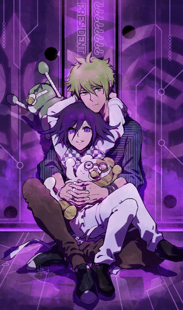 2boys ? ?? amami_rantaro animal_on_lap antenna_hair arm_belt arms_around_neck bear belt black-framed_eyewear black_bracelet black_footwear blue_shirt blue_sleeves brown_pants checkered_clothes checkered_scarf closed_mouth crossed_legs danganronpa_(series) danganronpa_v3:_killing_harmony dated fingernails full_body glasses green_eyes grey_hair hair_between_eyes hug indoors jacket jewelry long_sleeves looking_at_viewer male_focus monodam monosuke multiple_belts multiple_boys multiple_bracelets multiple_rings oma_kokichi on_lap own_hands_together pacifier pants parted_lips purple_background purple_eyes purple_hair purple_scarf ring robot round_eyewear scarf shirt shoes short_hair signature sitting sitting_on_lap sitting_on_person sleeves_past_elbows smile striped_clothes striped_shirt sweat teeth thigh_belt thigh_strap torn_clothes torn_jacket two-tone_scarf u_u_ki_u_u vertical-striped_sleeves white_belt white_bracelet white_jacket white_pants white_scarf wooden_floor