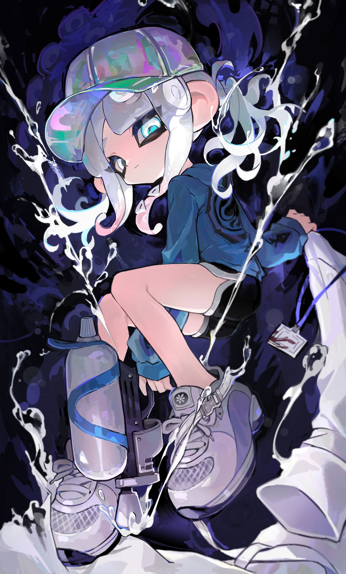 1girl baseball_cap black_shorts blood blue_hoodie blue_pupils closed_mouth coat commentary cross-laced_footwear dolphin_shorts full_body hat highres holding holding_clothes holding_coat holding_weapon hood hood_down hoodie iridescent kumo_(kumo_hsc0216) lanyard long_hair multicolored_hat octoling octoling_girl octoling_player_character ponytail print_hoodie shoes shorts sneakers solo splatoon_(series) splatoon_3 splattershot_(splatoon) suction_cups symbol-only_commentary tentacle_hair unworn_coat weapon white_coat white_eyes white_footwear white_hair white_trim