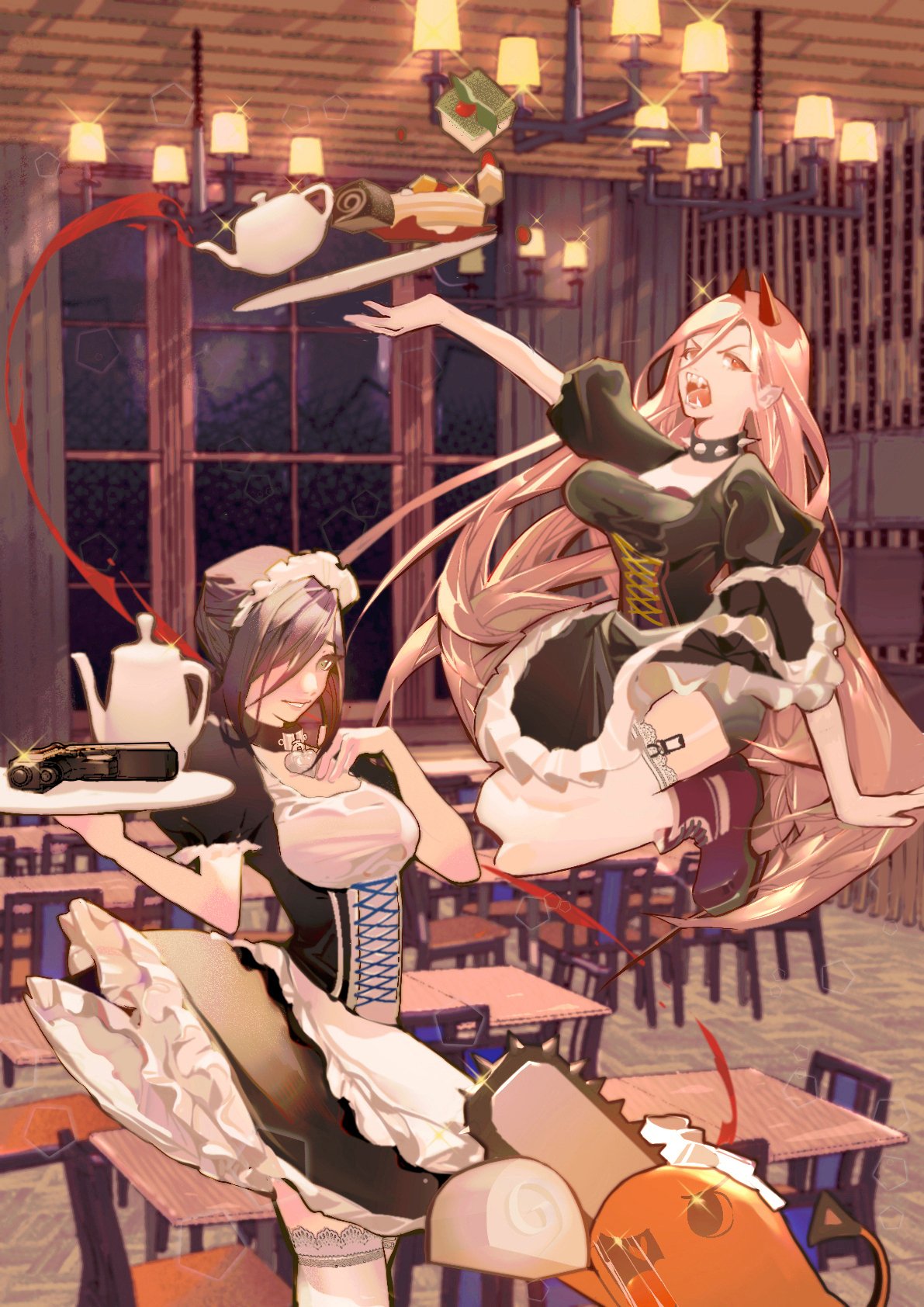 2girls apron black_dress breasts cafe chainsaw_man collar creature demon_girl demon_horns dress furrowed_brow garter_straps gun hair_between_eyes hair_over_one_eye hand_on_own_chest handgun highres holding holding_tray horns indoors large_breasts lihonghua314 long_hair maid maid_apron maid_headdress medium_breasts medium_hair multiple_girls open_mouth pendant_choker pink_hair pitcher pochita_(chainsaw_man) power_(chainsaw_man) puffy_short_sleeves puffy_sleeves red_eyes red_footwear red_horns reze_(chainsaw_man) sharp_teeth short_sleeves shouting smile spiked_collar spikes table teapot teeth thighhighs tray updo weapon white_thighhighs