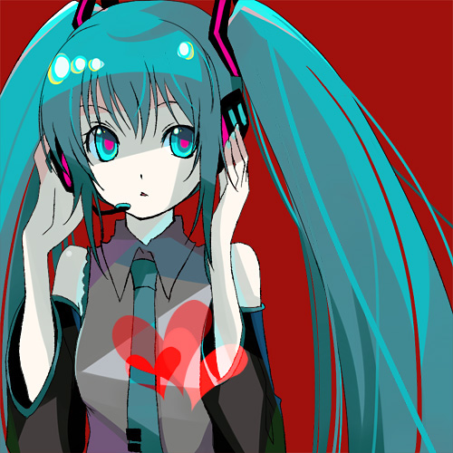 bad_id bad_pixiv_id detached_sleeves green_eyes green_hair hatsune_miku headphones heart kintaro long_hair lowres microphone necktie solo twintails vocaloid