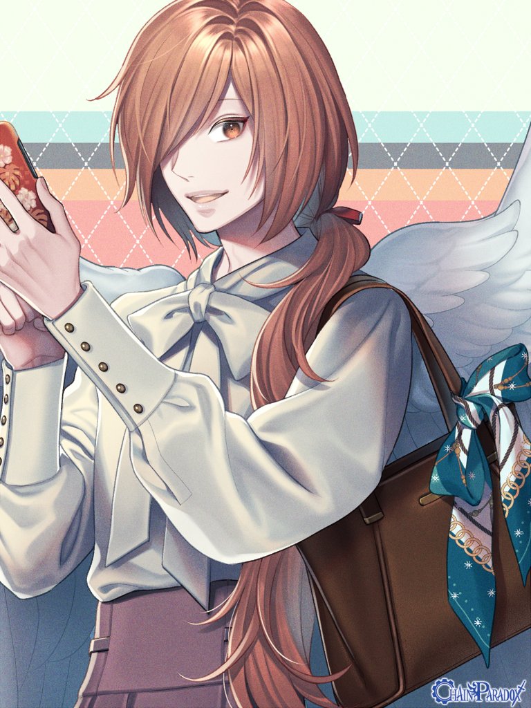 1boy a_hubert angel_wings argyle_background bag blue_bow bow bowtie brown_bag brown_eyes brown_hair brown_pants chain_paradox cuff_links hair_over_one_eye hair_over_shoulder hair_ribbon handbag high-waist_pants holding holding_phone long_hair long_sleeves looking_at_viewer low_ponytail male_focus multicolored_background pants parted_lips phone red_ribbon ribbon satono_omo shirt smile solo standing upper_body white_bow white_bowtie white_shirt white_wings wings