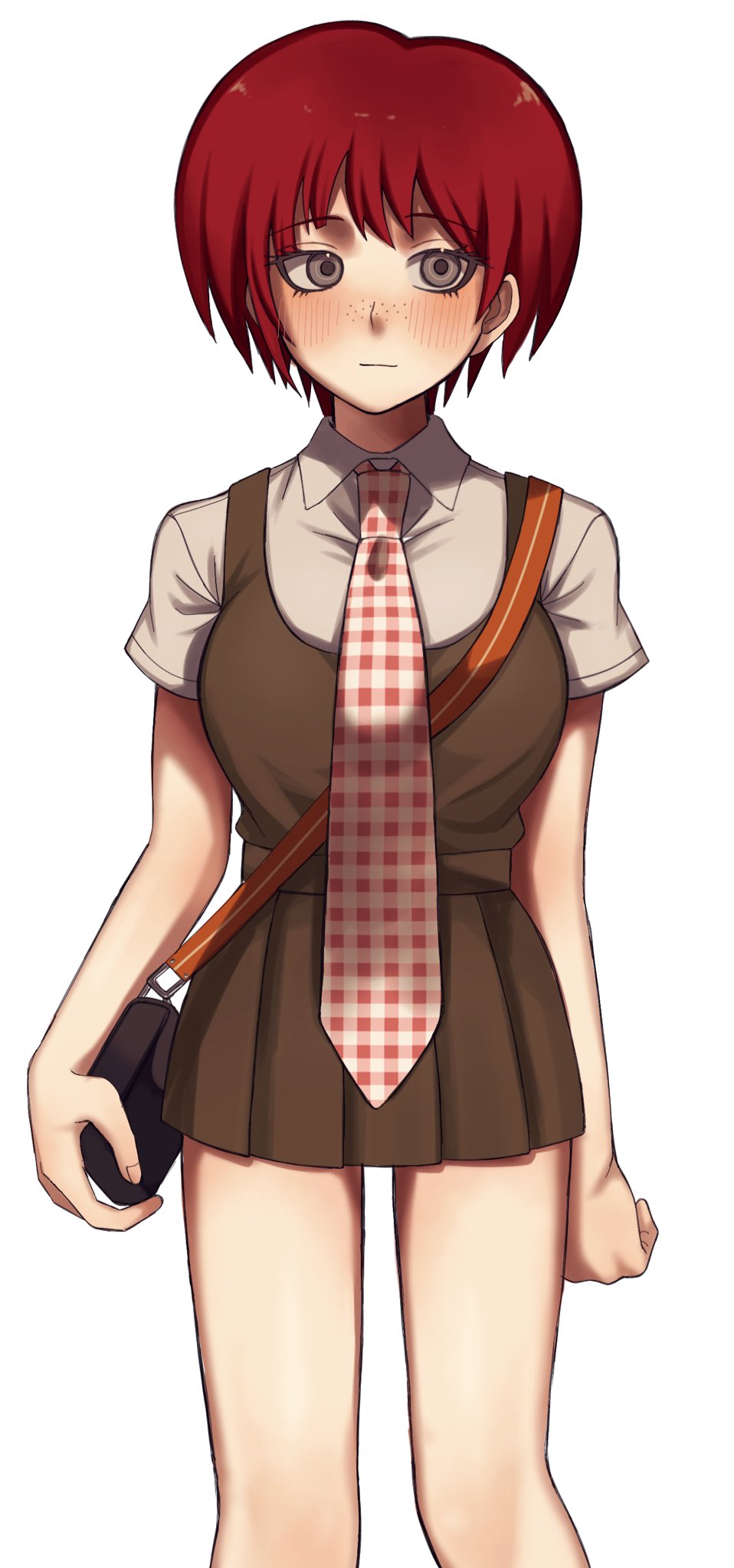 1girl arms_at_sides bag blush breasts closed_mouth collared_shirt danganronpa_(series) danganronpa_2:_goodbye_despair freckles green_skirt grey_eyes grey_shirt highres holding holding_bag koizumi_mahiru kun_(oxx_kn_xxo) large_breasts looking_at_viewer miniskirt necktie plaid_necktie pleated_skirt red_hair shirt short_hair short_sleeves shoulder_bag simple_background skirt solo white_background