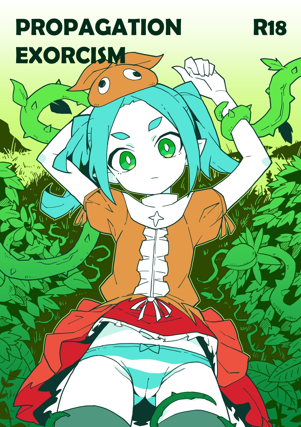 1girl akableak aqua_hair aqua_panties ass_visible_through_thighs bow bow_panties bright_pupils cameltoe closed_mouth clothes_lift commentary content_rating cover cover_page cowboy_shot doujin_cover dress dress_lift english_commentary english_text expressionless frilled_dress frills googly_eyes green_eyes grey_thighhighs groin head_tilt highres hikimayu holding_another's_wrist long_hair looking_at_viewer midriff_peek monogatari_(series) ononoki_yotsugi orange_dress orange_hat panties pantyshot parted_bangs plant pointy_ears puffy_short_sleeves puffy_sleeves short_eyebrows short_sleeves solo striped_clothes striped_panties thick_eyebrows thighhighs thorns title twintails two-tone_dress underwear vines white_dress white_panties white_pupils
