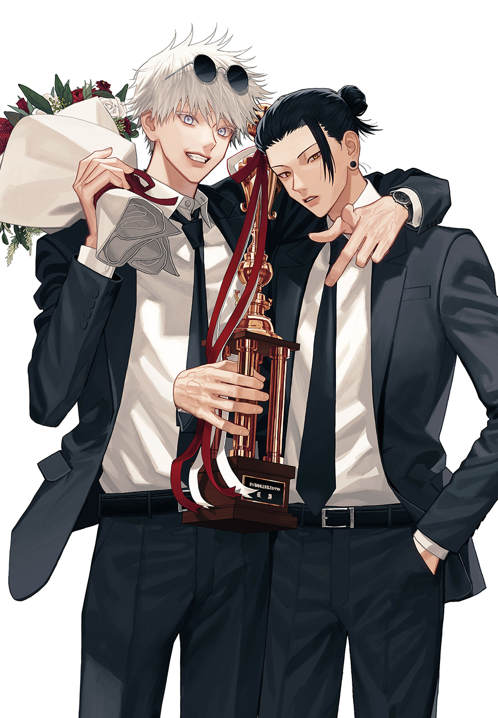 2boys alternate_costume arm_around_neck belt black_belt black_hair black_jacket black_necktie black_suit bouquet brown_eyes carrying_over_shoulder clenched_teeth commentary_request dress_pants dress_shirt earrings eyewear_on_head feet_out_of_frame flower getou_suguru ggss_cc gojou_satoru grin hair_bun hand_in_pocket highres holding holding_bouquet holding_trophy jacket jewelry jujutsu_kaisen korean_commentary looking_at_viewer loose_hair_strand male_focus medium_hair multiple_boys necktie pointing red_flower red_rose rose round_eyewear shirt shirt_tucked_in short_hair simple_background smile stud_earrings suit suit_jacket sunglasses teeth trophy watch white_background white_eyelashes white_eyes white_flower white_hair white_rose white_shirt wristwatch