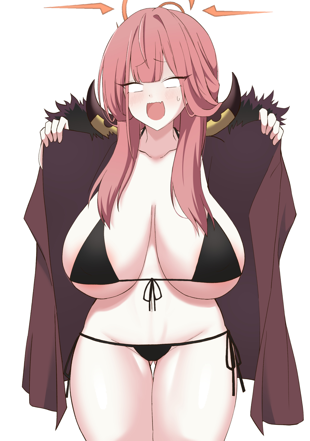 1girl aru_(blue_archive) ayumu_(ayumu3659) bikini black_bikini blue_archive blush breasts brown_coat cleavage coat coat_on_shoulders empty_eyes fur-trimmed_coat fur_trim halo highres horns large_breasts long_hair navel open_mouth pink_hair swimsuit thighs