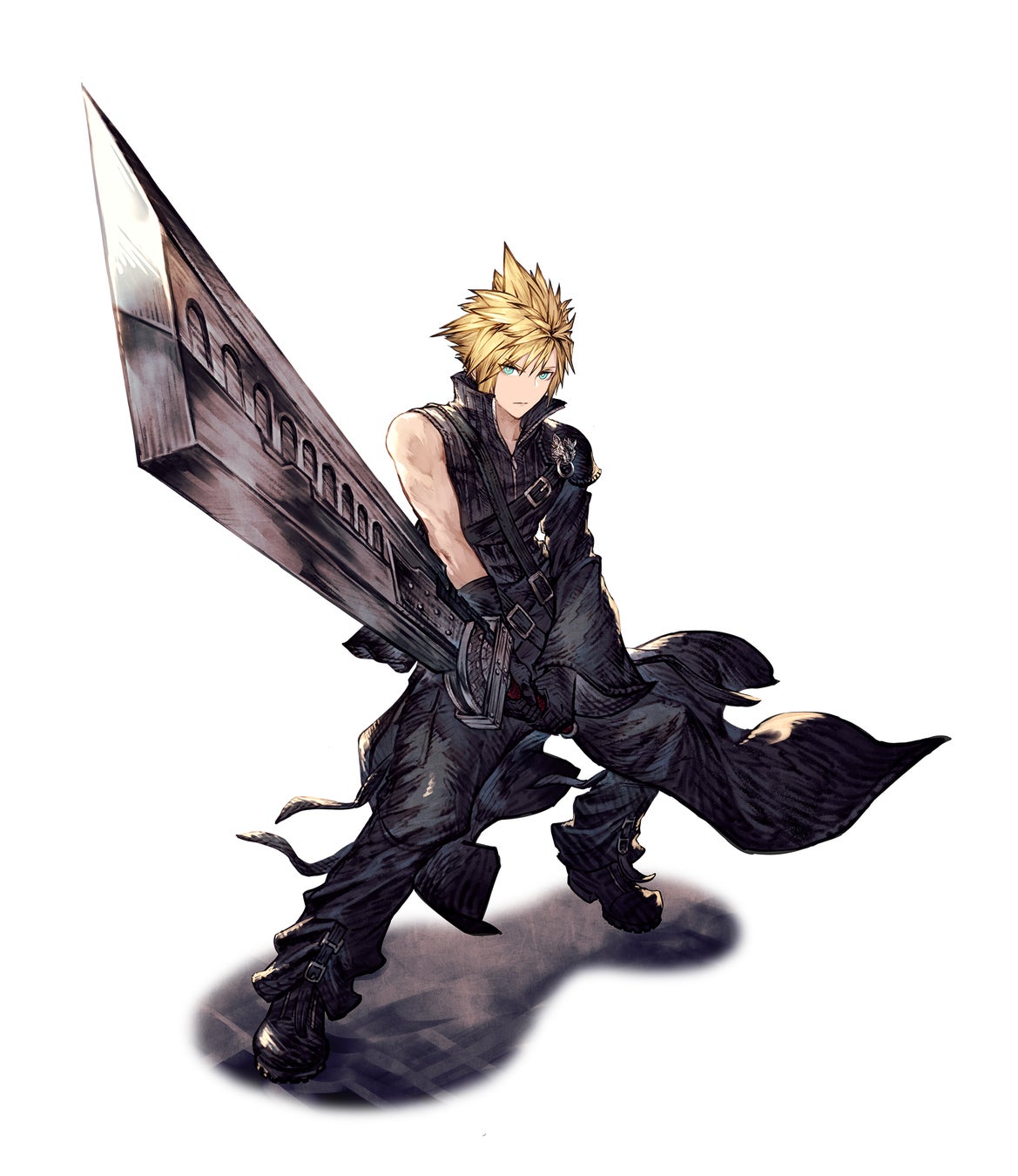 1boy black_gloves blonde_hair blue_eyes cloud_strife fighting_stance final_fantasy final_fantasy_brave_exvius final_fantasy_vii final_fantasy_vii_advent_children fusion_swords gloves highres holding holding_sword holding_weapon looking_at_viewer official_art ryuji_ohara simple_background single_shoulder_pad single_sleeve solo spiked_hair sword war_of_the_visions:_final_fantasy_brave_exvius weapon