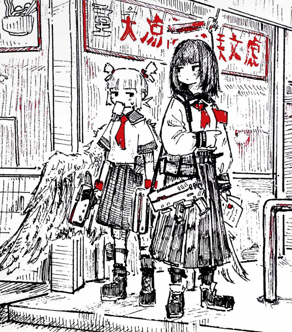 2girls angel_wings bob_cut bread bread_slice character_request copyright_request dual_wielding english_commentary feathered_wings food food_in_mouth greyscale gun halo handgun holding long_sleeves medium_hair monochrome multiple_girls neckerchief pleated_skirt red_neckerchief sailor_collar school_uniform serafuku shiokaze1409 short_sleeves short_twintails sidelocks skirt spot_color translation_request twintails weapon weapon_request wings