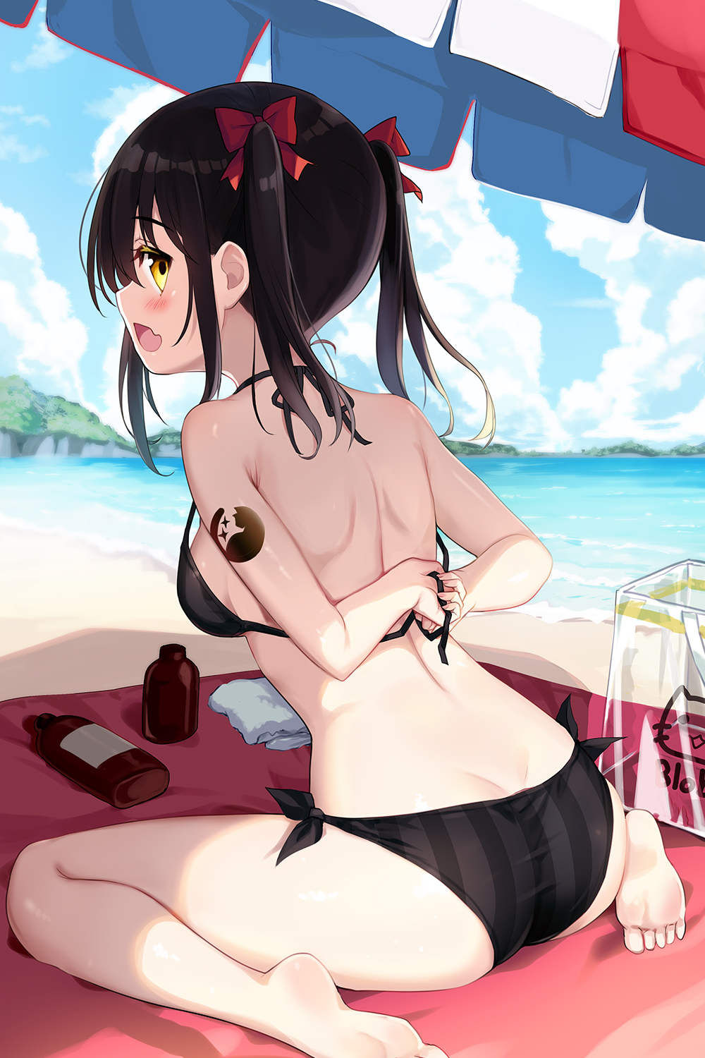 1girl :d arms_behind_back ass bare_arms bare_shoulders barefoot beach bikini black_hair blanket blue_sky blush bottle bow breasts butt_crack cloud cloudy_sky commentary_request day fang hair_between_eyes hair_bow highres medium_breasts minamura_haruki original outdoors red_bow sand sitting sky smile soles solo striped_bikini striped_clothes swimsuit towel transparent twintails vertical-striped_bikini vertical-striped_clothes wariza water yellow_eyes