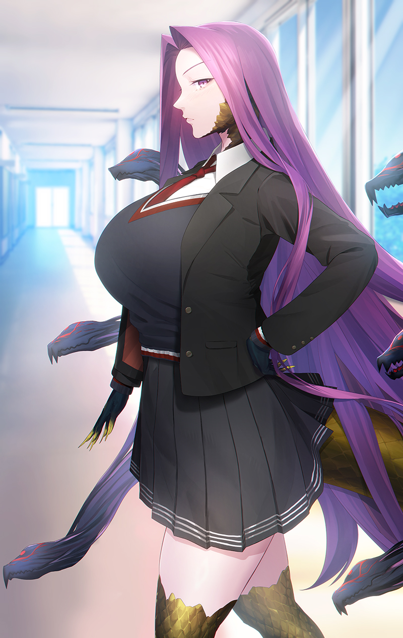 1girl breasts claws fate/grand_order fate_(series) forehead gorgon_(fate) highres jacket large_breasts long_hair long_sleeves looking_at_viewer medusa_(fate) minami_koyogi monster_girl necktie parted_bangs purple_eyes purple_hair scales school_uniform sidelocks skirt snake_hair snake_tail solo tail thighs very_long_hair