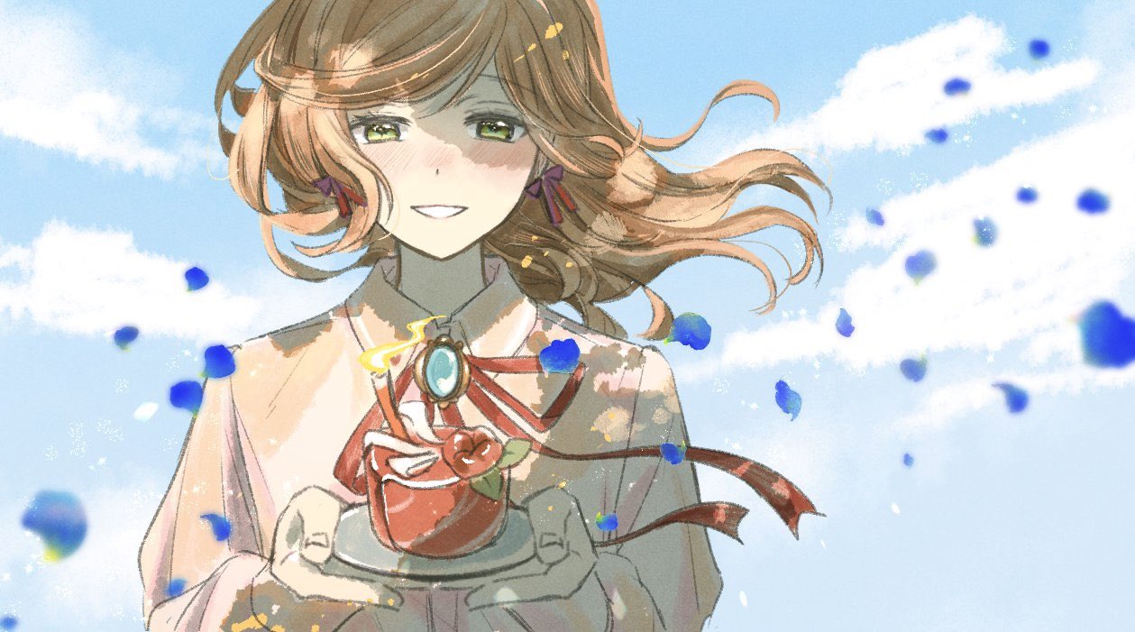 1girl blue_sky blush brooch brown_hair candle cloud collared_shirt commentary_request day dress_shirt fire floating_hair food green_eyes holding jewelry long_hair looking_at_viewer menu_(shuzinnkoutyan_) neck_ribbon nose_blush outdoors petals red_ribbon ribbon rosa_(tears_of_themis) shirt sky smile solo tears_of_themis upper_body white_shirt