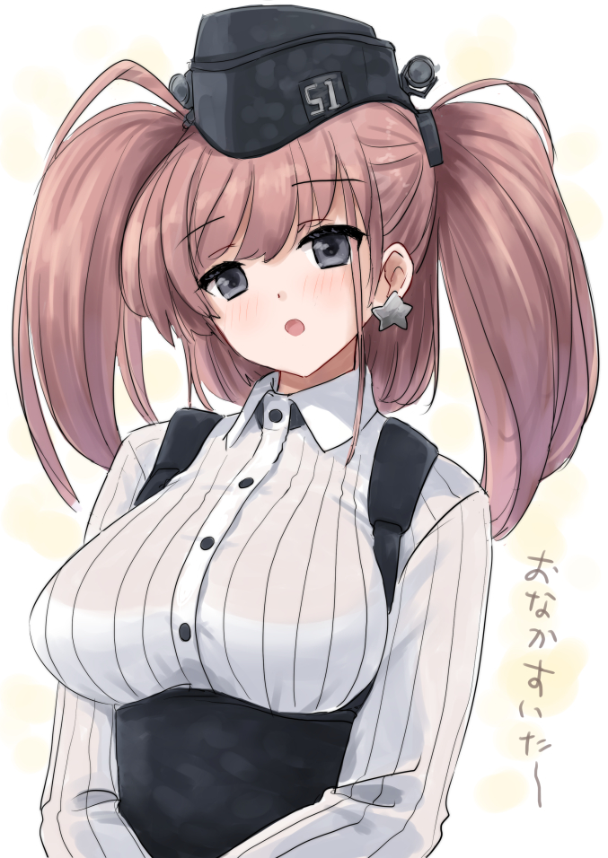 1girl atlanta_(kancolle) blush bra bra_visible_through_clothes breasts brown_hair earrings garrison_cap gloves grey_eyes hair_ornament hat high-waist_skirt jewelry kantai_collection kitagawa_mikio large_breasts long_hair long_sleeves shirt simple_background skirt solo star_(symbol) star_earrings suspender_skirt suspenders two_side_up underwear upper_body white_background white_bra white_shirt
