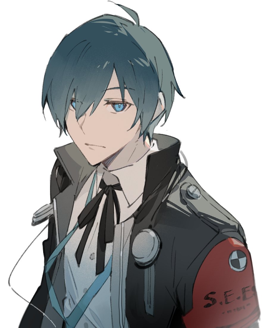 1boy ahoge armband black_jacket black_ribbon blue_eyes blue_hair closed_mouth collared_shirt earphones gekkoukan_high_school_uniform hair_between_eyes headphones headphones_around_neck jacket looking_at_viewer male_focus neck_ribbon open_clothes open_jacket persona persona_3 persona_3_reload popped_collar red_armband ribbon s.e.e.s school_uniform shirt short_hair solo upper_body white_background white_shirt xing_20 yuuki_makoto_(persona_3)