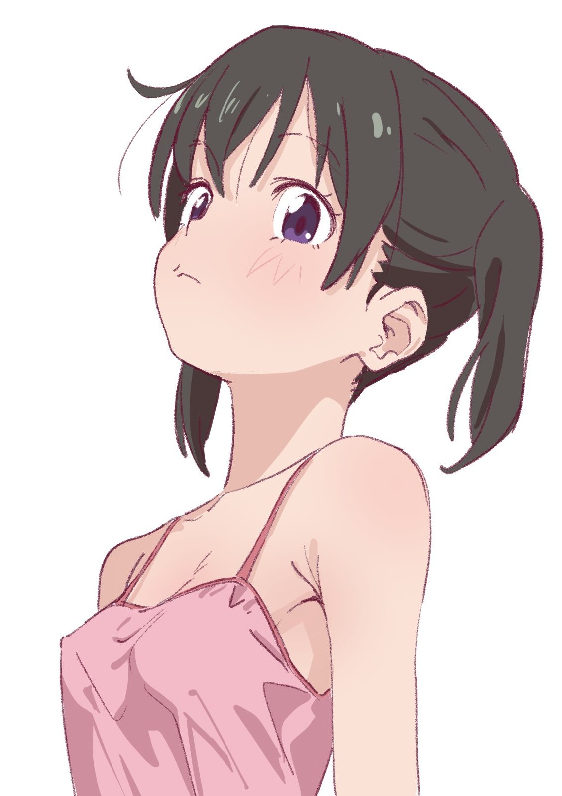 1girl black_hair breasts camisole cleavage covered_nipples doublep0ints from_side hair_between_eyes highres kuraue_hinata looking_at_viewer no_bra pink_camisole purple_eyes short_twintails sideboob small_breasts solo twintails upper_body yama_no_susume